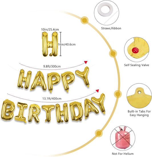 Gold Happy Birthday Balloons Banner 16 Inch Mylar Foil Letters, Inflatable Party Decor and Birthday Decorations for Women, Men, Boys & Girls Kids and Adults, Reusable, Party Supplies
