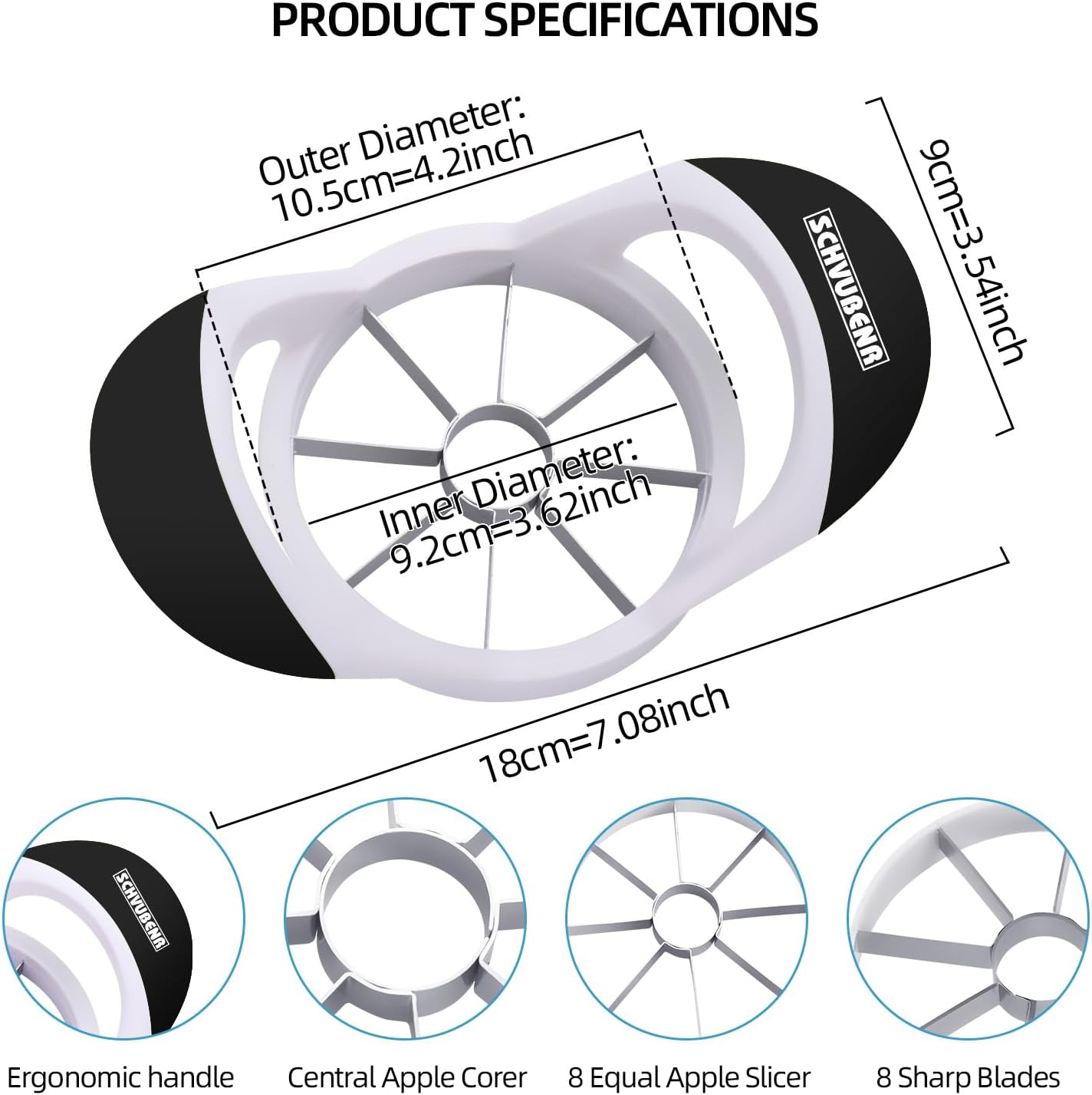SCHVUBENR 3.5 Inch Apple Slicer - Professional Apple Cutter - Stainless Steel Apple Corer - Super Sharp Apple Slicer and Corer - Apple Tool with 8 Sharp Blades(Black)