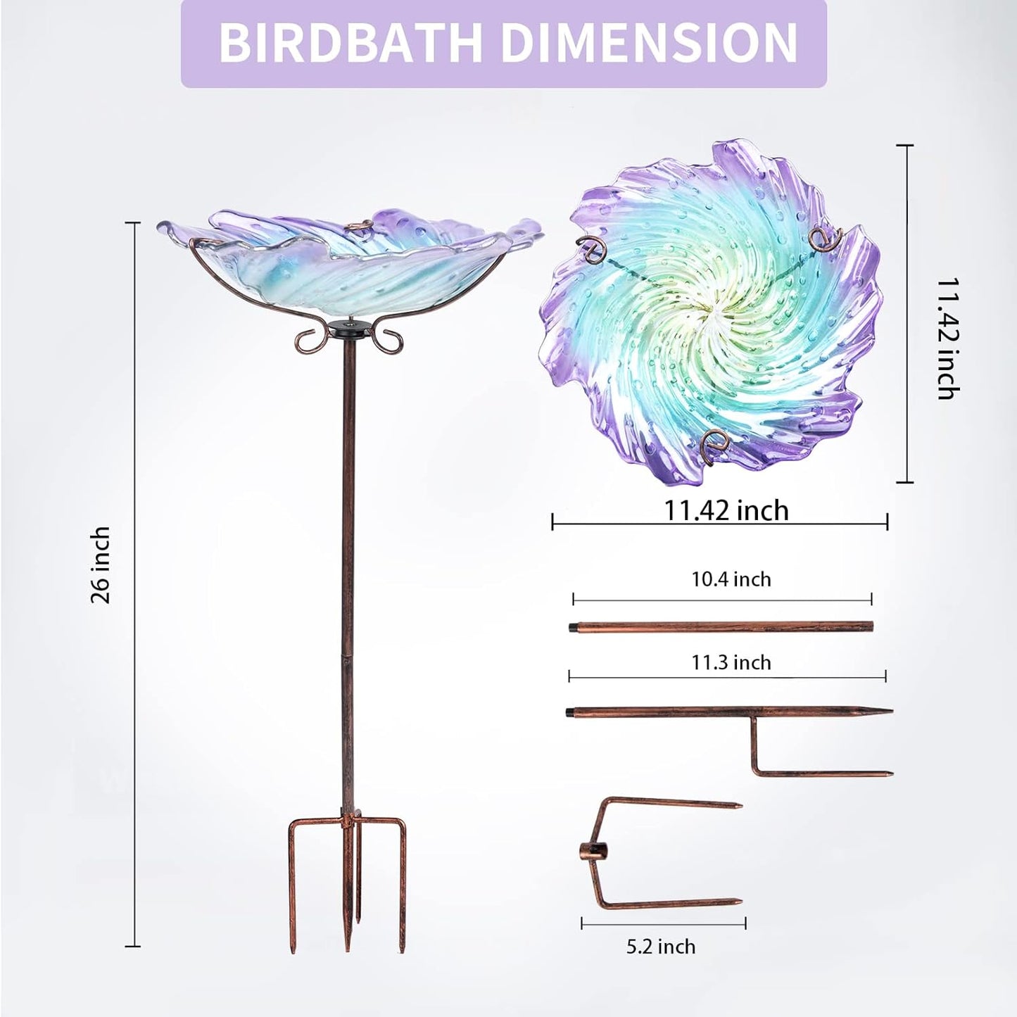 MUMTOP Glass Bird Baths for Outdoors, Garden Bird Bath Bowl with Metal