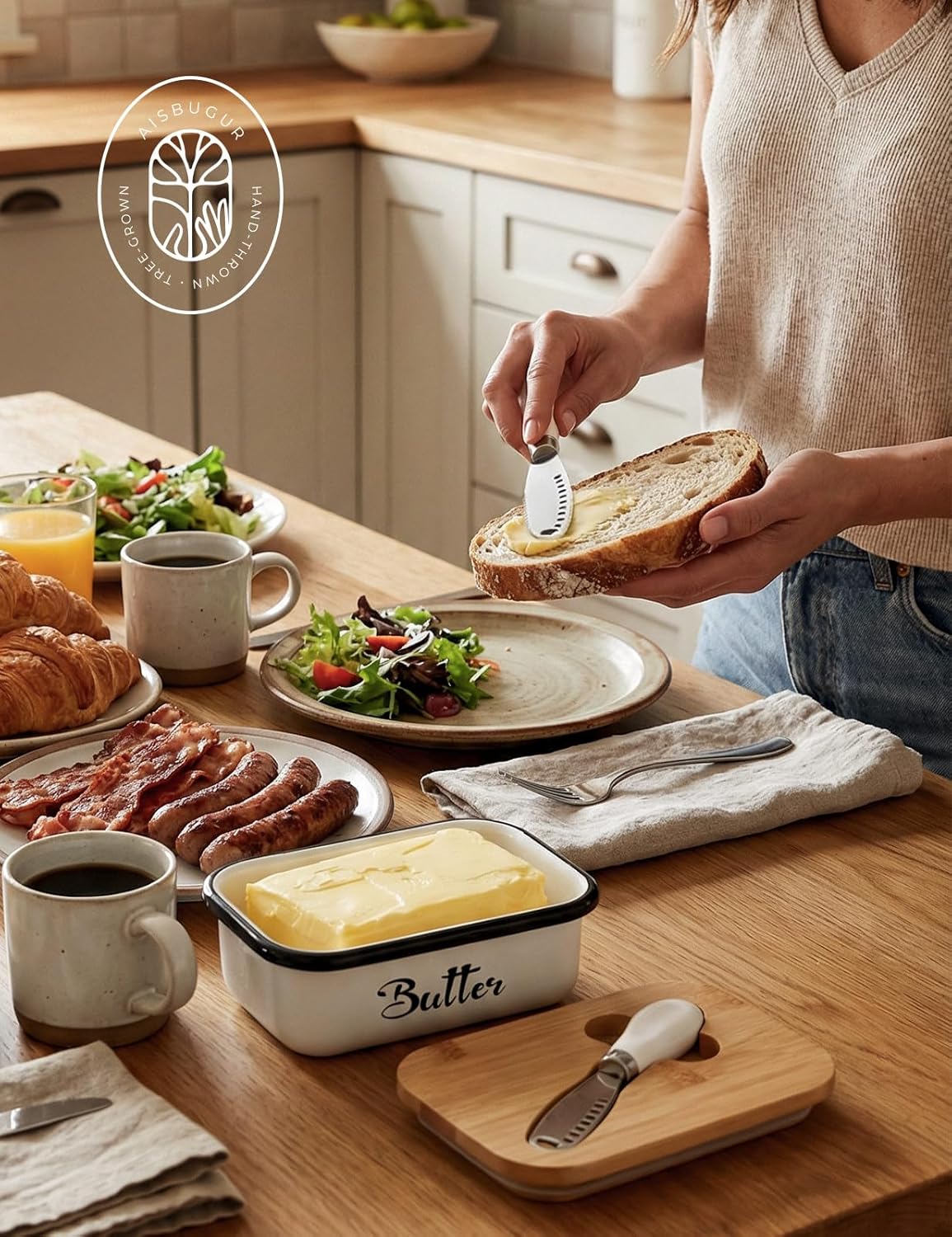 Butter Dish with Lid: Butter Dish for Countertop- AISBUGUR Metal Butter Keeper with Stainless Steel Multipurpose Butter Knife,Large Butter Container with Silicone Home Decor Kitchen Gift White