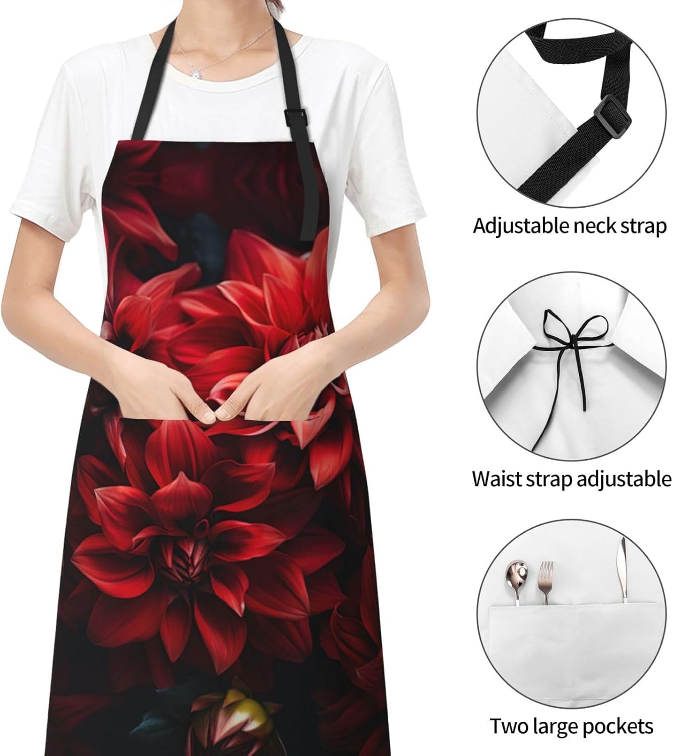 Red flower print Waterproof apron with pocket adjustable cooking apron for adult kitchen bibs to bake