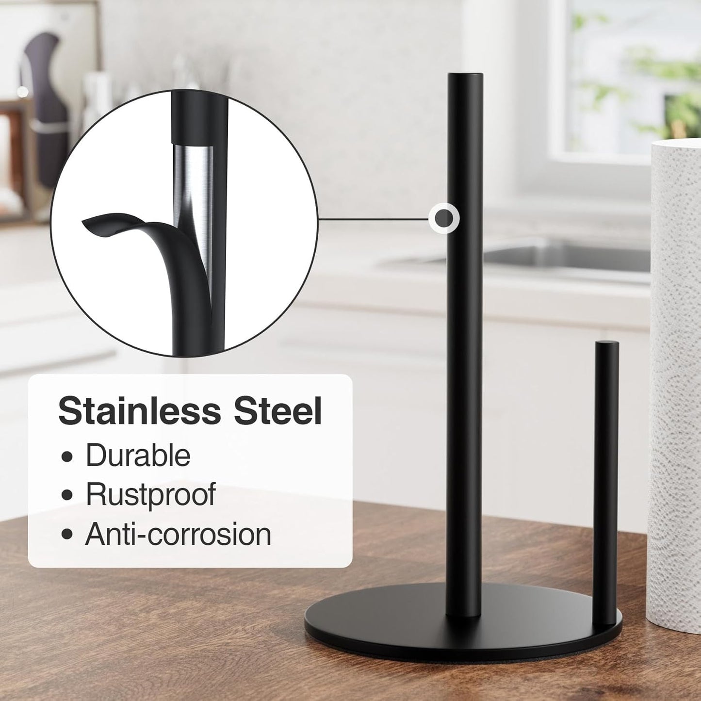 Paper Towel Holder Black, Premium Stainless Steel Kitchen Roll Dispens