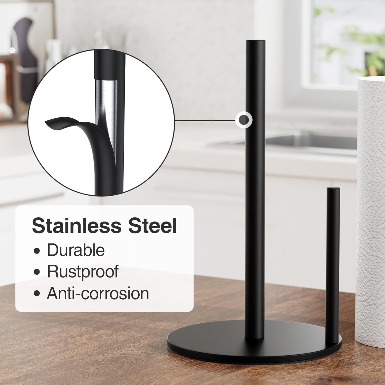 Paper Towel Holder Black, Premium Stainless Steel Kitchen Roll Dispens