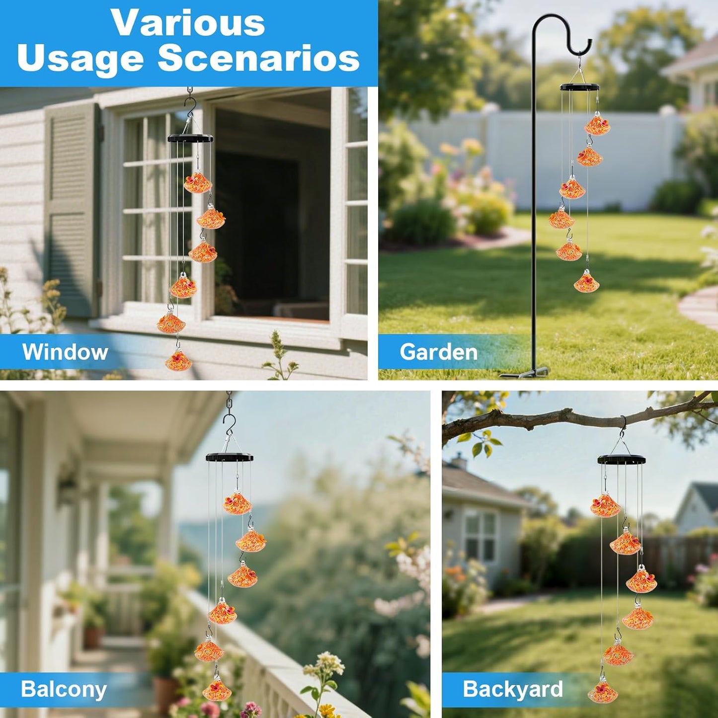 Wind Chime Glass Hummingbird Feeder - 20 Oz Outdoor Hanging Feeder wit