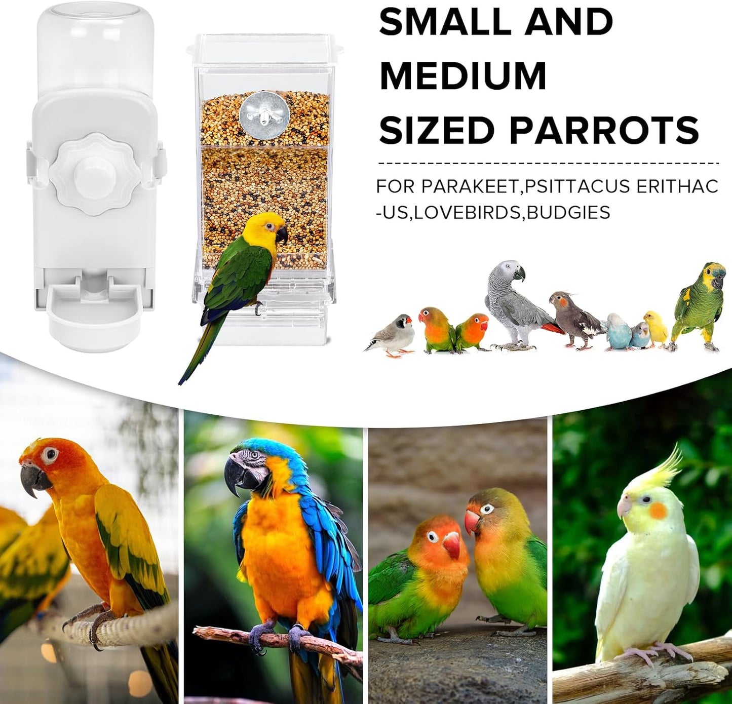 No Mess Bird Feeder Water Dispenser Set, Parakeet Cage Accessories, Bi