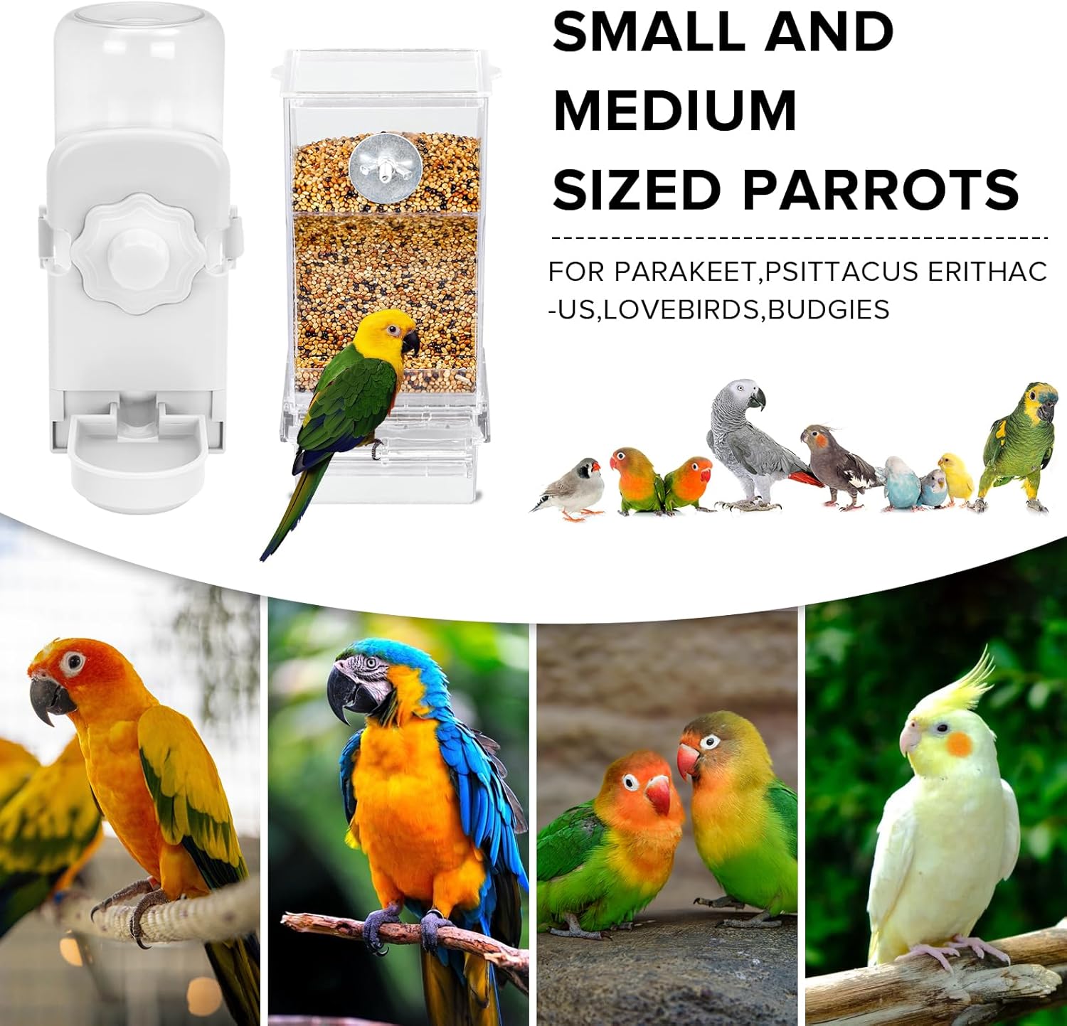 No Mess Bird Feeder Water Dispenser Set, Parakeet Cage Accessories, Bi