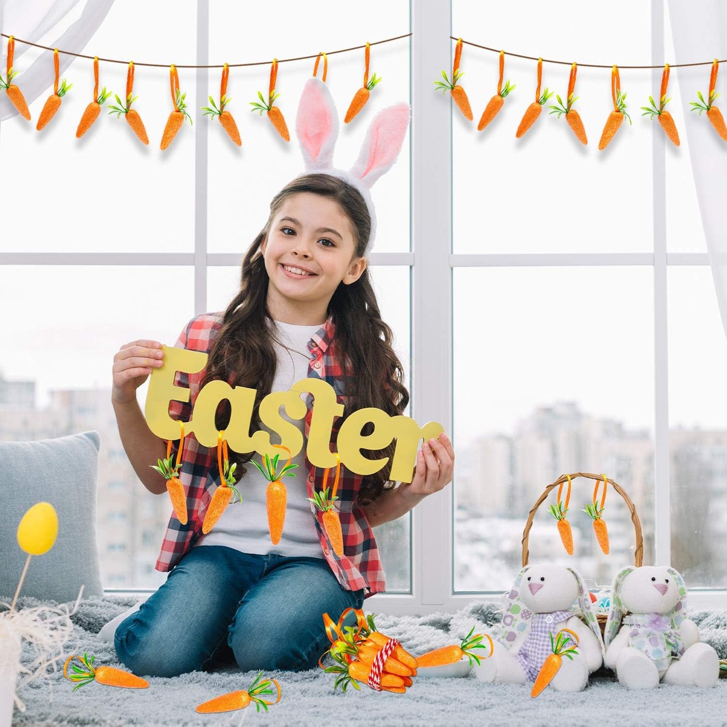 CLESDF Easter Carrot Hanging Ornaments - 12Pcs Premium Foam Glitter Artificial Carrots for Easter Decoration