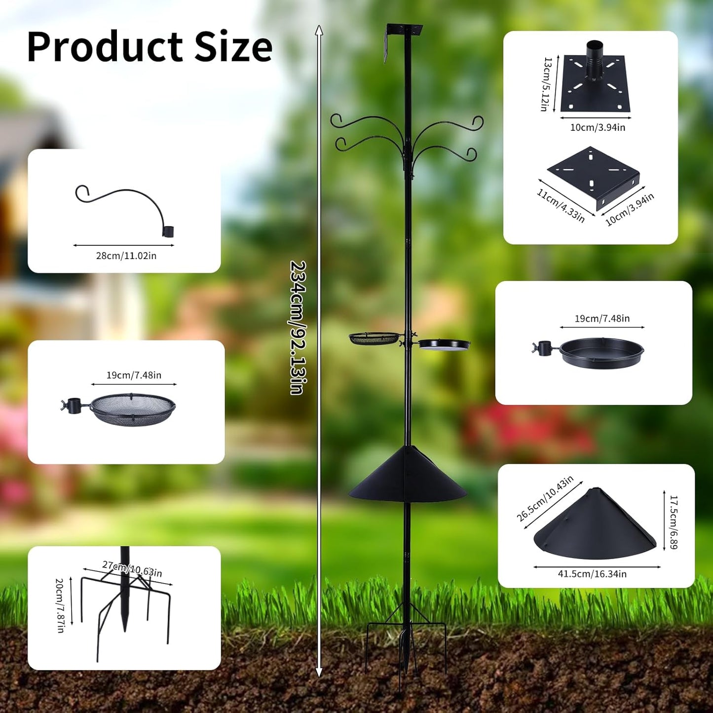 Bird Feeder Pole 4-in-1 with Squirrel Baffle, Metal Bird Feeders for Outdoors with Pole, Bath, Food Tray, 4 Hooks and Holds Cage 92 Inch