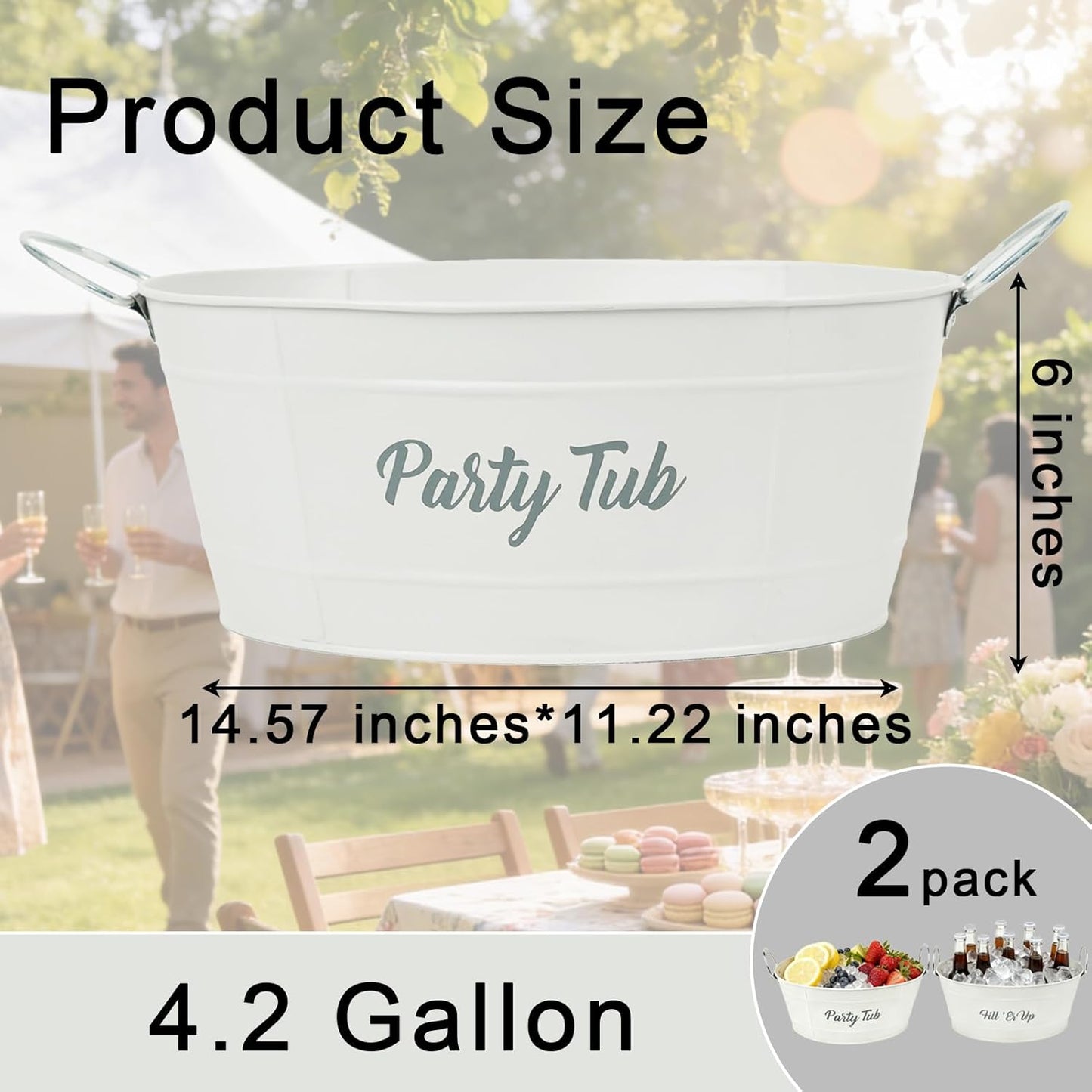 2-Pack White Metal Ice Bucket, Beverage Cooler Tub with Stainless Steel Handle - Reinforced Ribbed Design, Silk-Screened Logo & Powder-Coated Surface for Party, Beverage Cooling & Storage