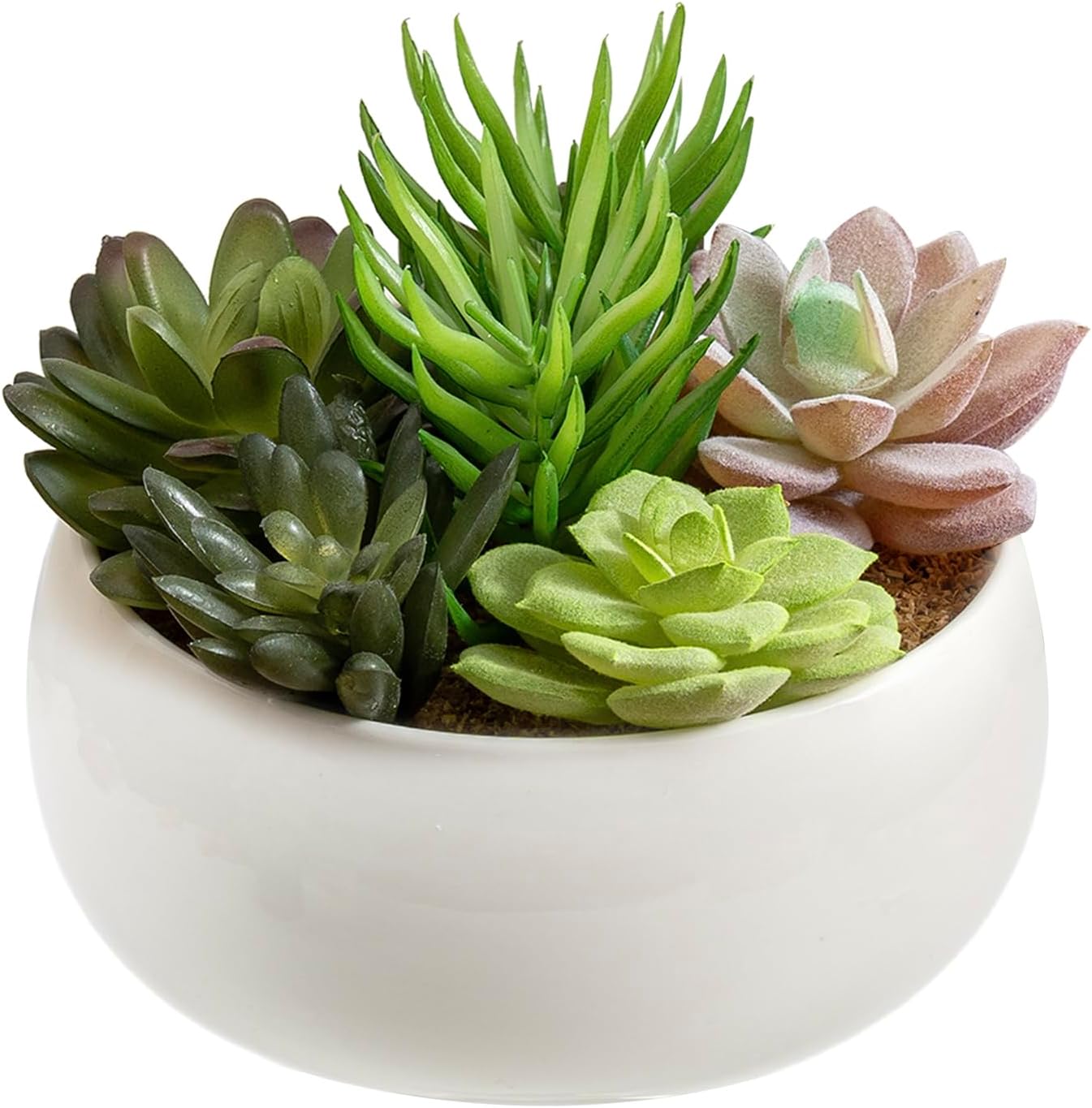 MyGift 6 Inch Round Modern Artificial Succulent Arrangement Potted in White Ceramic Plant Bowl, Assorted Faux Mini Succulents in a Decorative Planter Pot