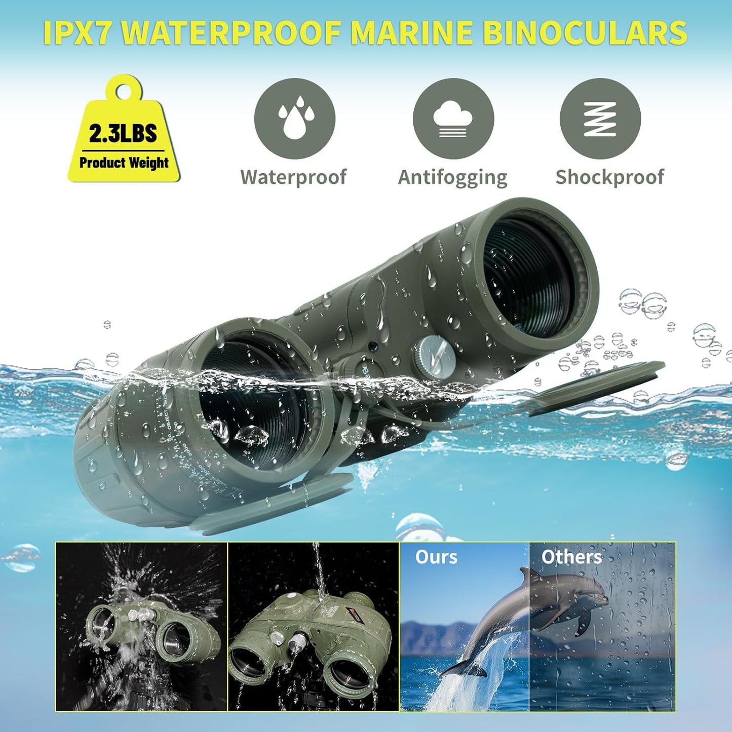 10X50 Waterproof Fogproof Military Marine Binoculars w/Internal Rangefinder & Compass, Marine Binoculars for Adults with BAK4 Prism FMC Lens for Navigation Bird Watching Hunting