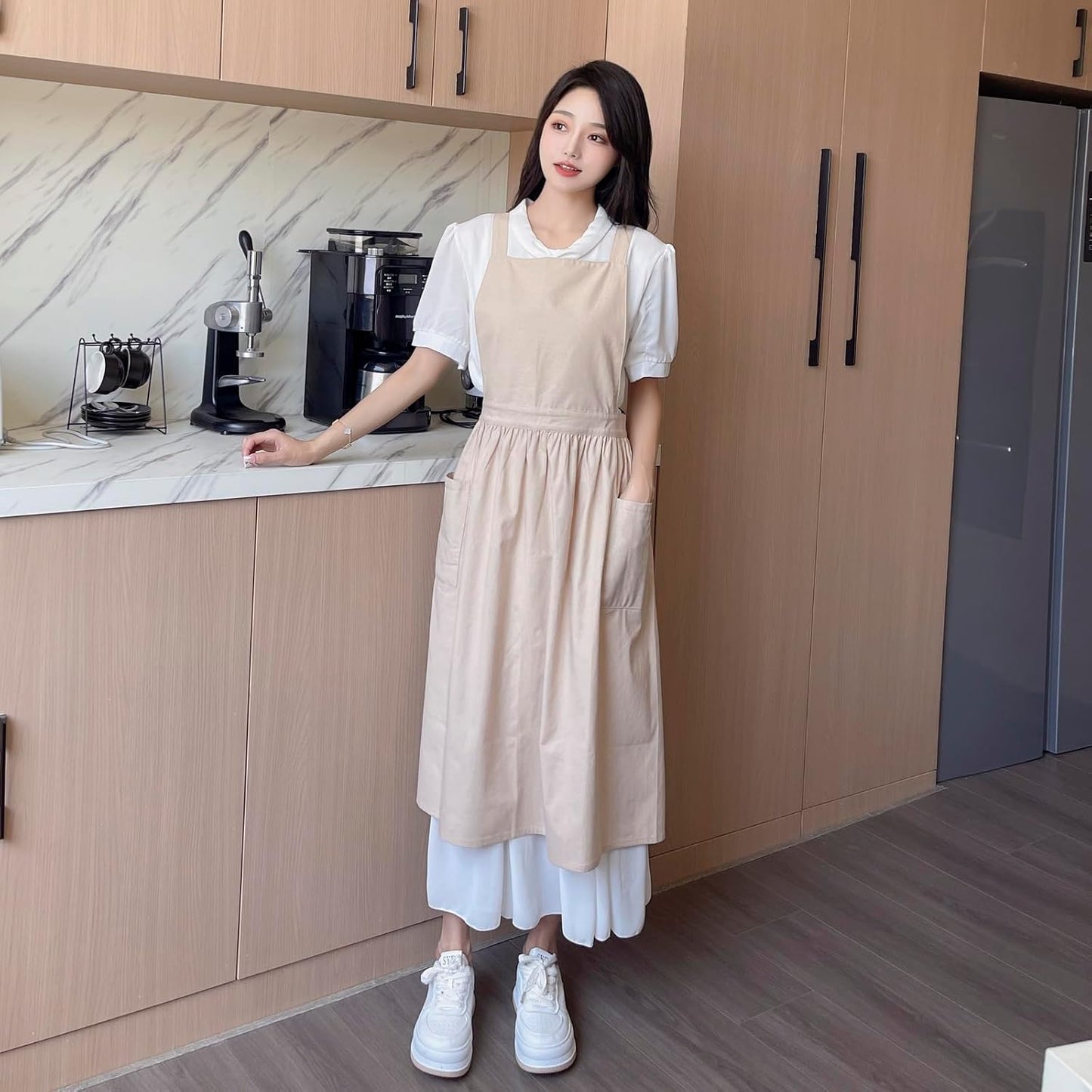 Pinafore Apron Dress，Japanese Cotton Linen Cross Back Apron for Women 