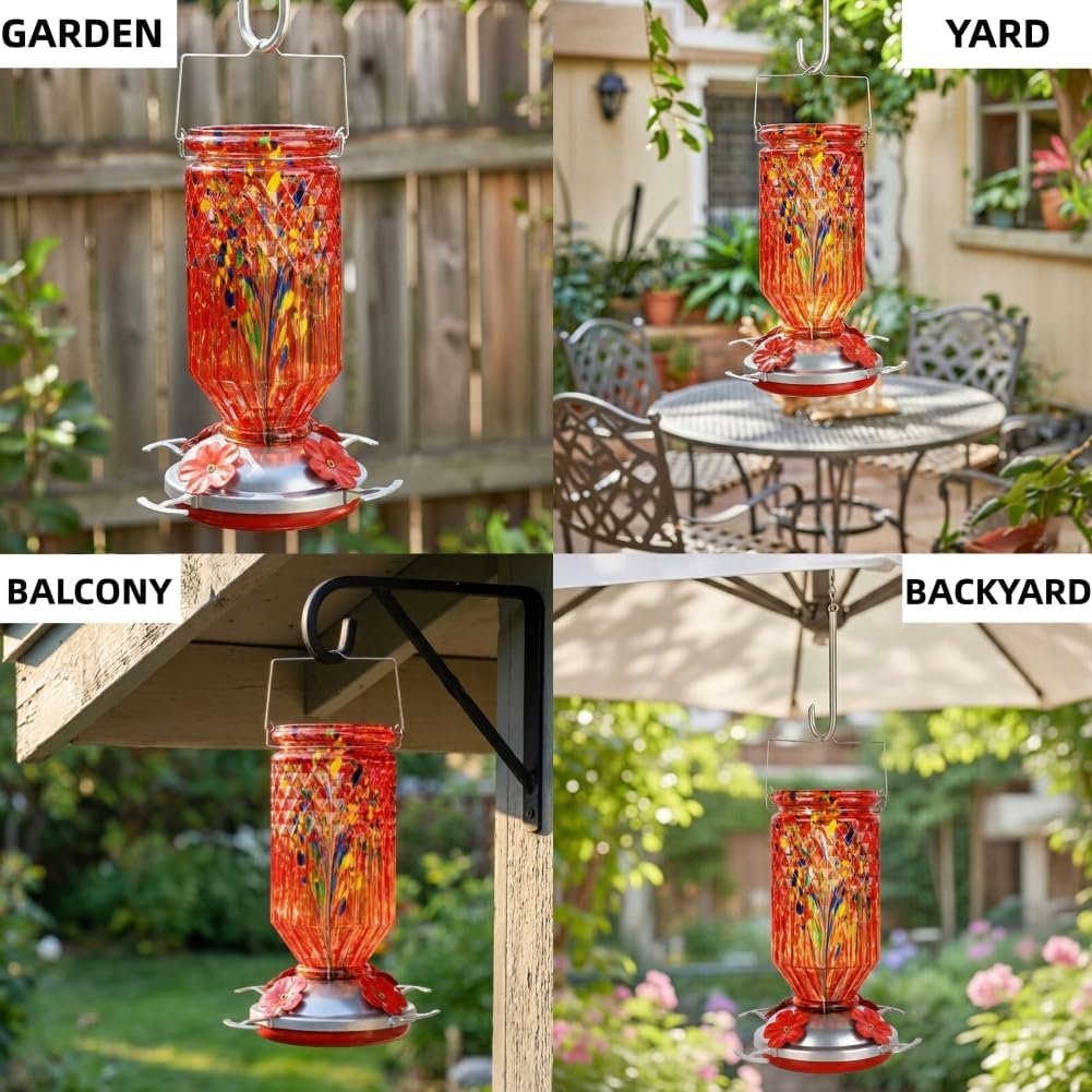Hand Blown Glass Hummingbird Feeder for Outdoors Hanging Round Chaning Color 32 OZ Large Humming Birds Feeders with Accessories Gift for Women Mom (Red)