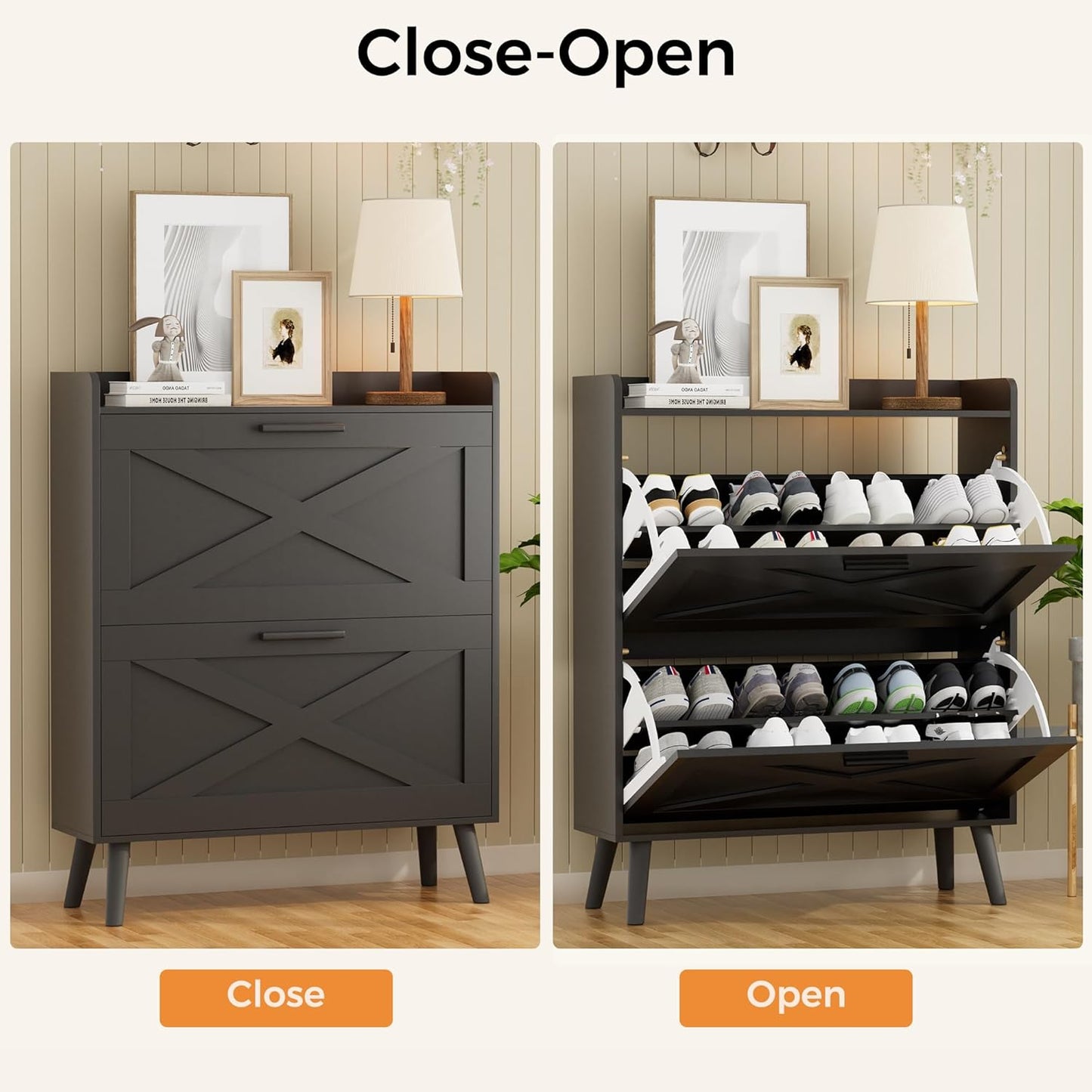 32" W Farmhouse Shoe Storage Cabinet with 2 Flip Drawers and Barn Door
