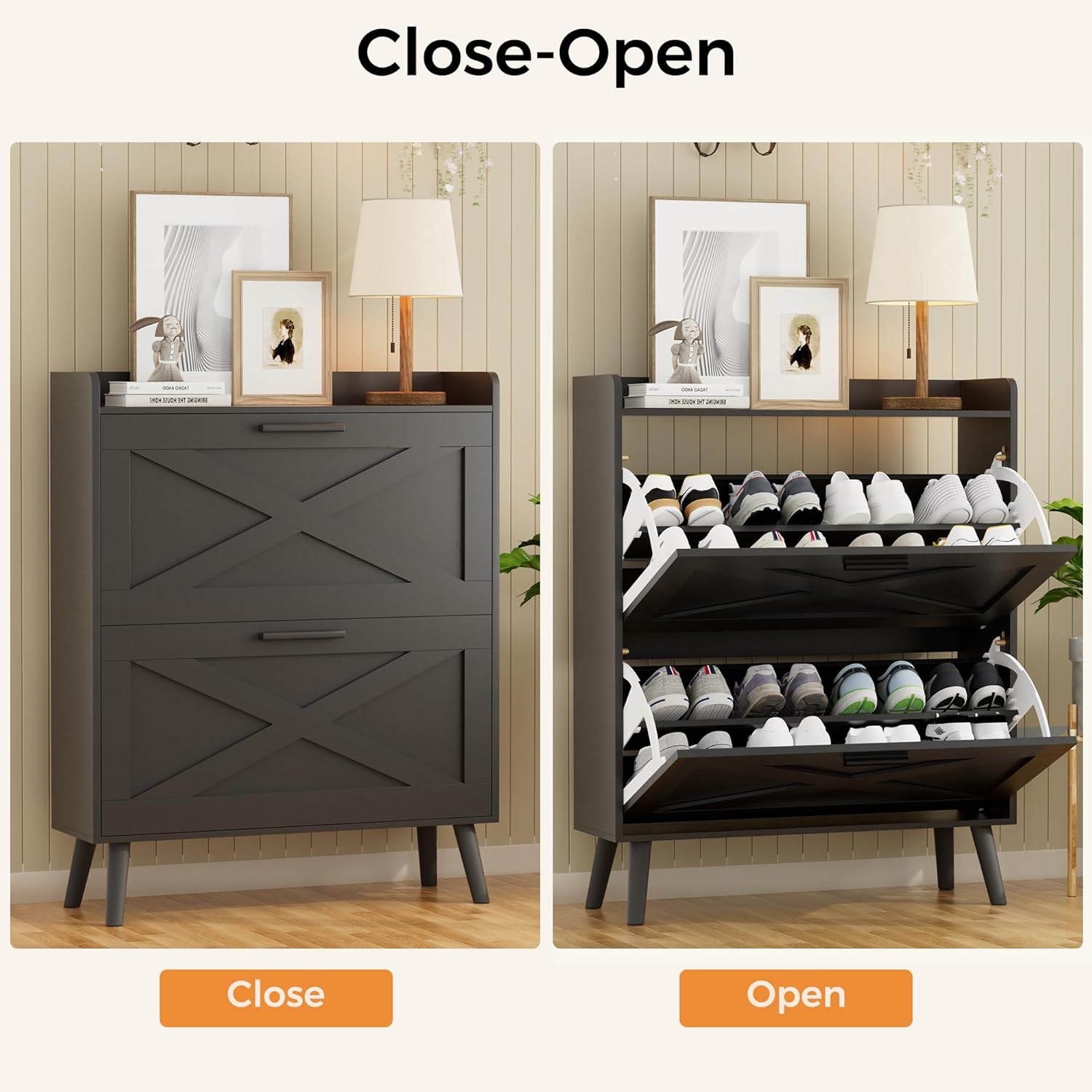32" W Farmhouse Shoe Storage Cabinet with 2 Flip Drawers and Barn Door