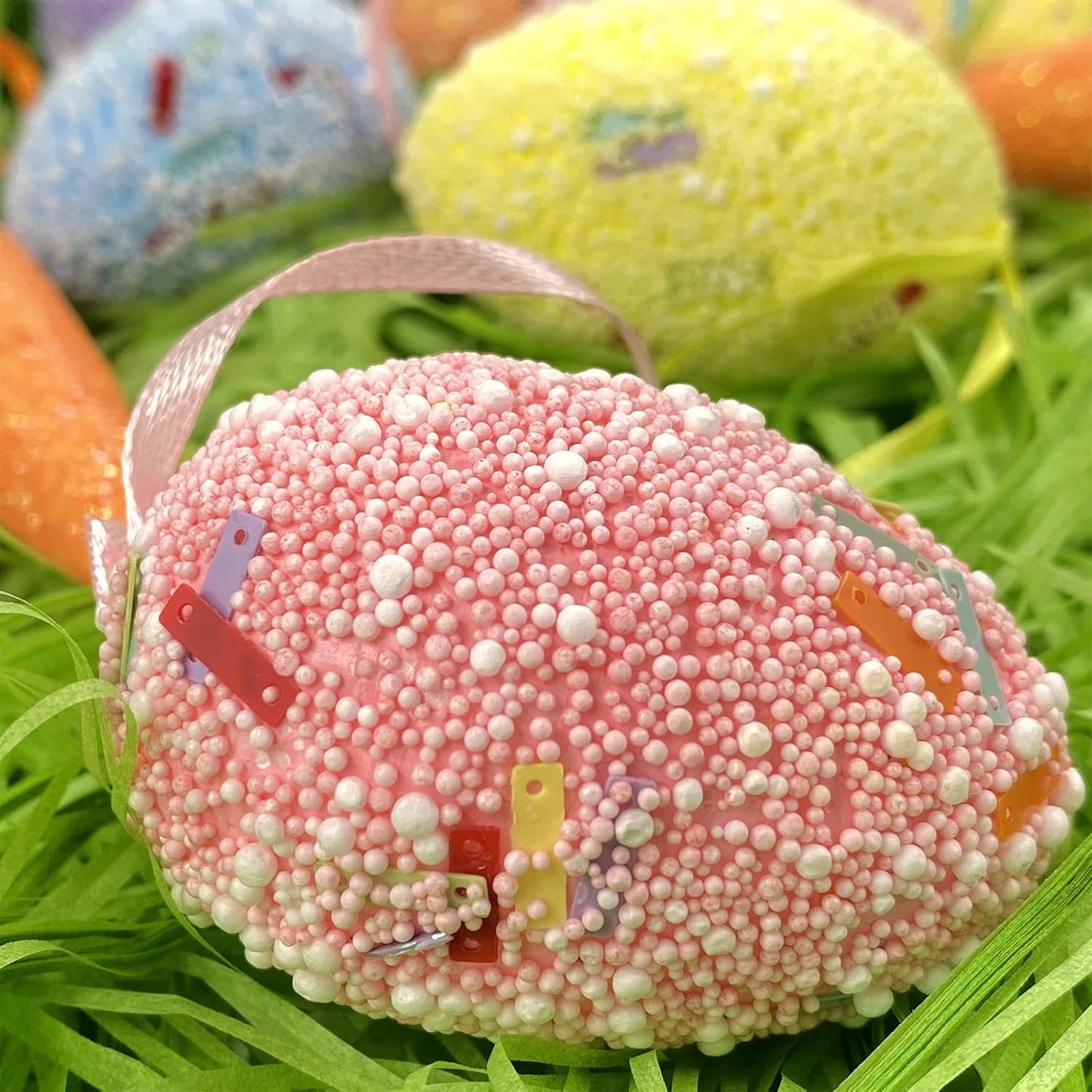 18PCS Easter Egg Ornaments and Carrot Hanging Ornaments Colorful Foam Hanging Egg Ornaments Foam Glitter Artificial Carrots Easter Tree Decorations Home Party DIY Crafts