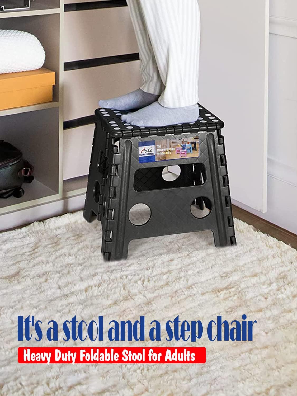 ACKO Folding Step Stool 13 Inch, Sturdy Collapsible Step Stool Foldable Up to 300 lbs for Adults, Non Slip Lightweight Foot Stools with Handle, Ideal for Kitchen, Bathroom, Bedroom, Garden