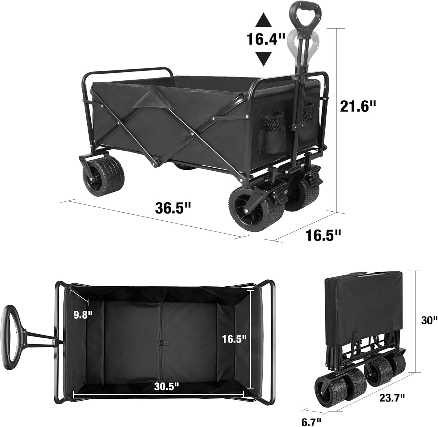 Collapsible Beach Wagon with All-Terrain Big Wheels,Folding Wagon Carts Heavy Duty with Adjustable Handle for Outdoor,Garden,Sports and Grocery, 220lbs Capacity, Black