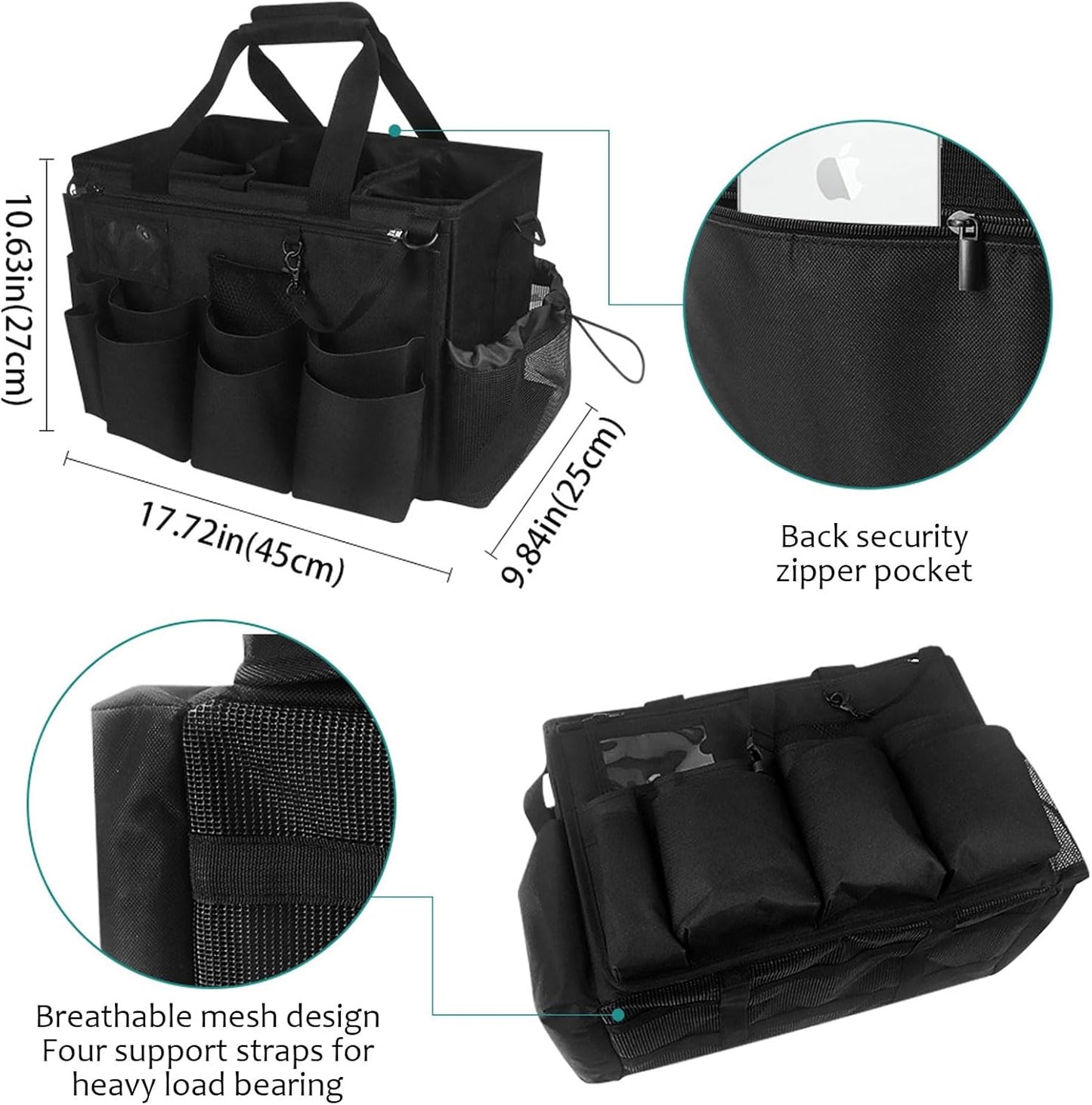 Large Cleaning Caddy Bag with Removable Apron, Wearable Cleaning Bags for Housekeepers, Utility Tool Tote for Kitchen, Garden & Car Detailing, Cleaning Supplies Organizer(Black)