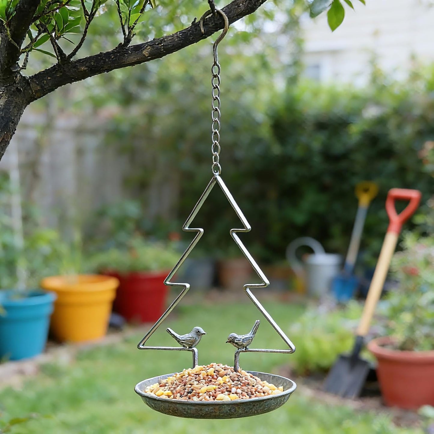 Christmas Tree Hanging Bird Feeders for Outdoors, Seed Tray for Metal Bird Feeder,for Garden Patio Decoration (Retro Green-A)