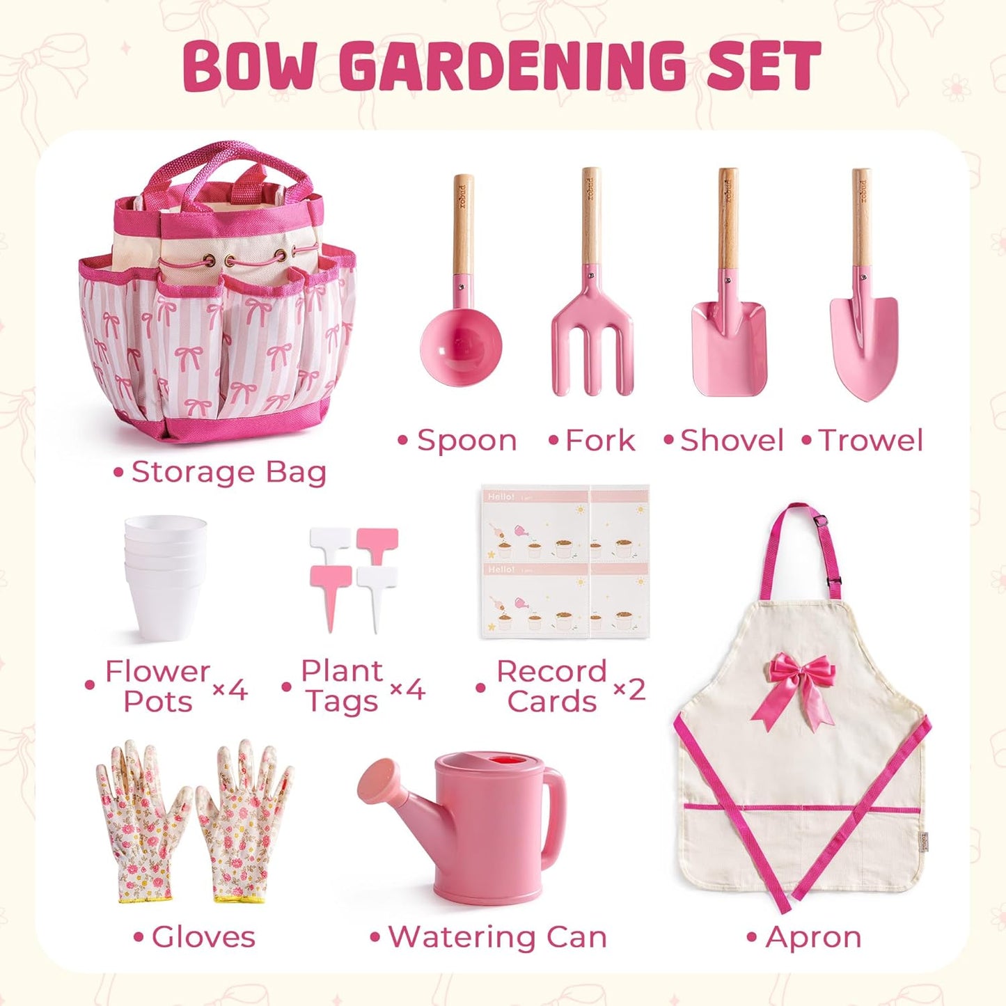 ROBUD Kids Gardening Set 18 PCS Bow Theme Garden Tools for Kids with S