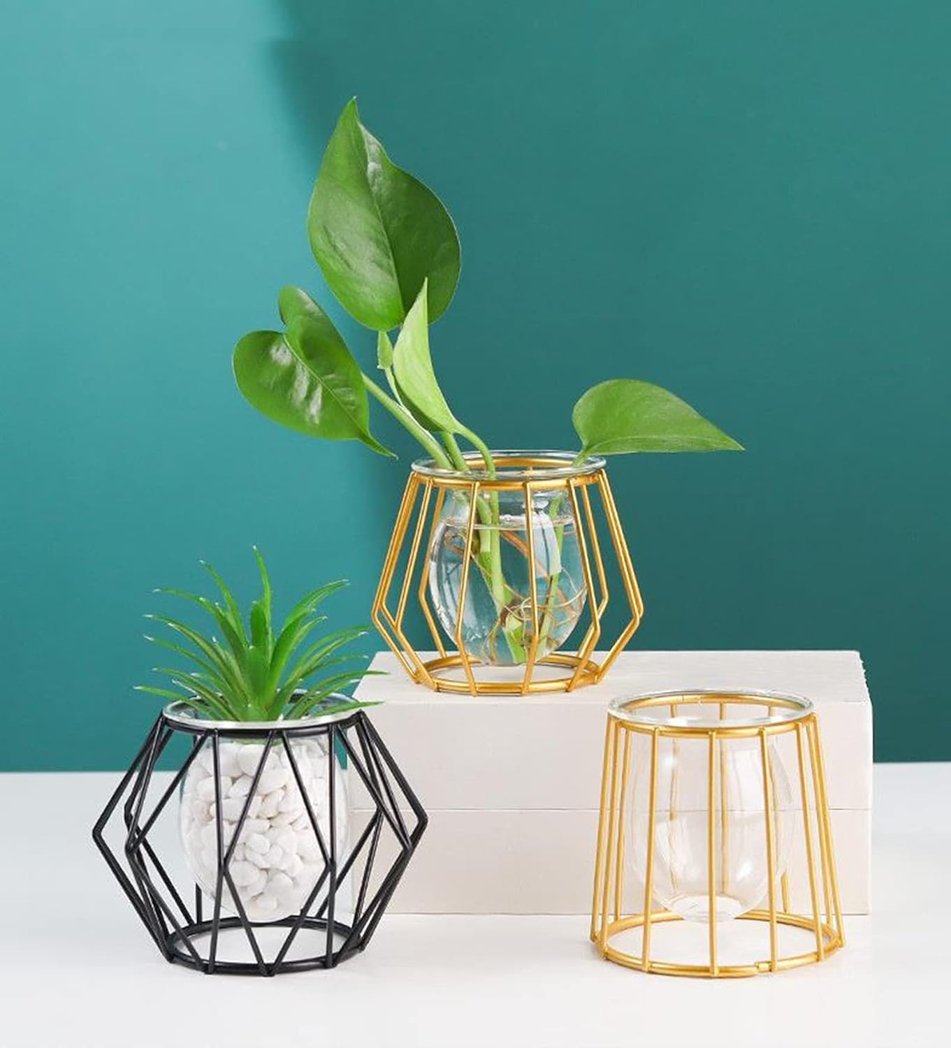 Glass Vase Nordic Small Flower Vase Clear Glass Bud Vases with Metal Geometric Iron Line Cup Vase Pot for Hydroponic Planter Flowers Rack Stand Modern Home Décor Desktop Table Vase Decor (Black,D)