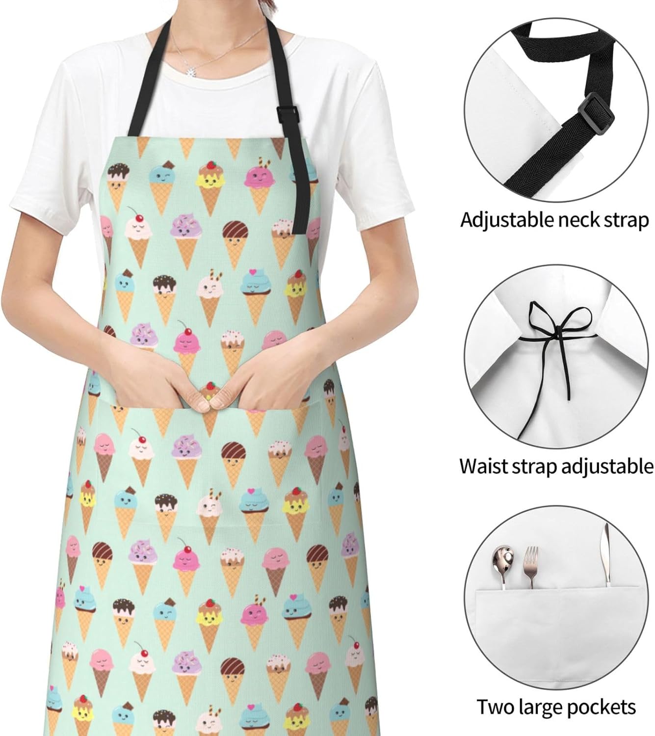 Ice Cream Cones print Waterproof apron with pocket adjustable cooking 