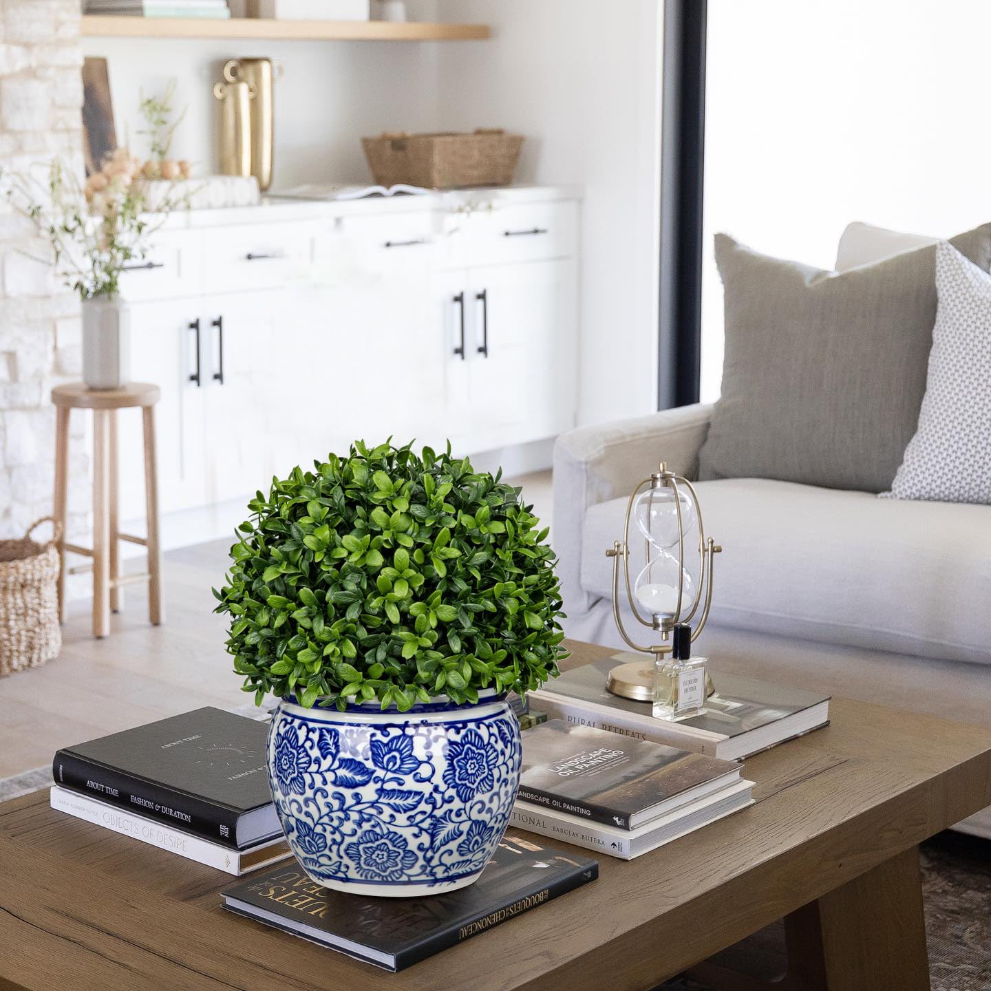 DILATATA Artificial Topiary Boxwood Ball in Blue and White Ceramic Pot, 10 Inch Artificial Boxwood in Planters Decorative Fake Greenery for Table Centerpiece Indoor Plant Home Decor - Medium