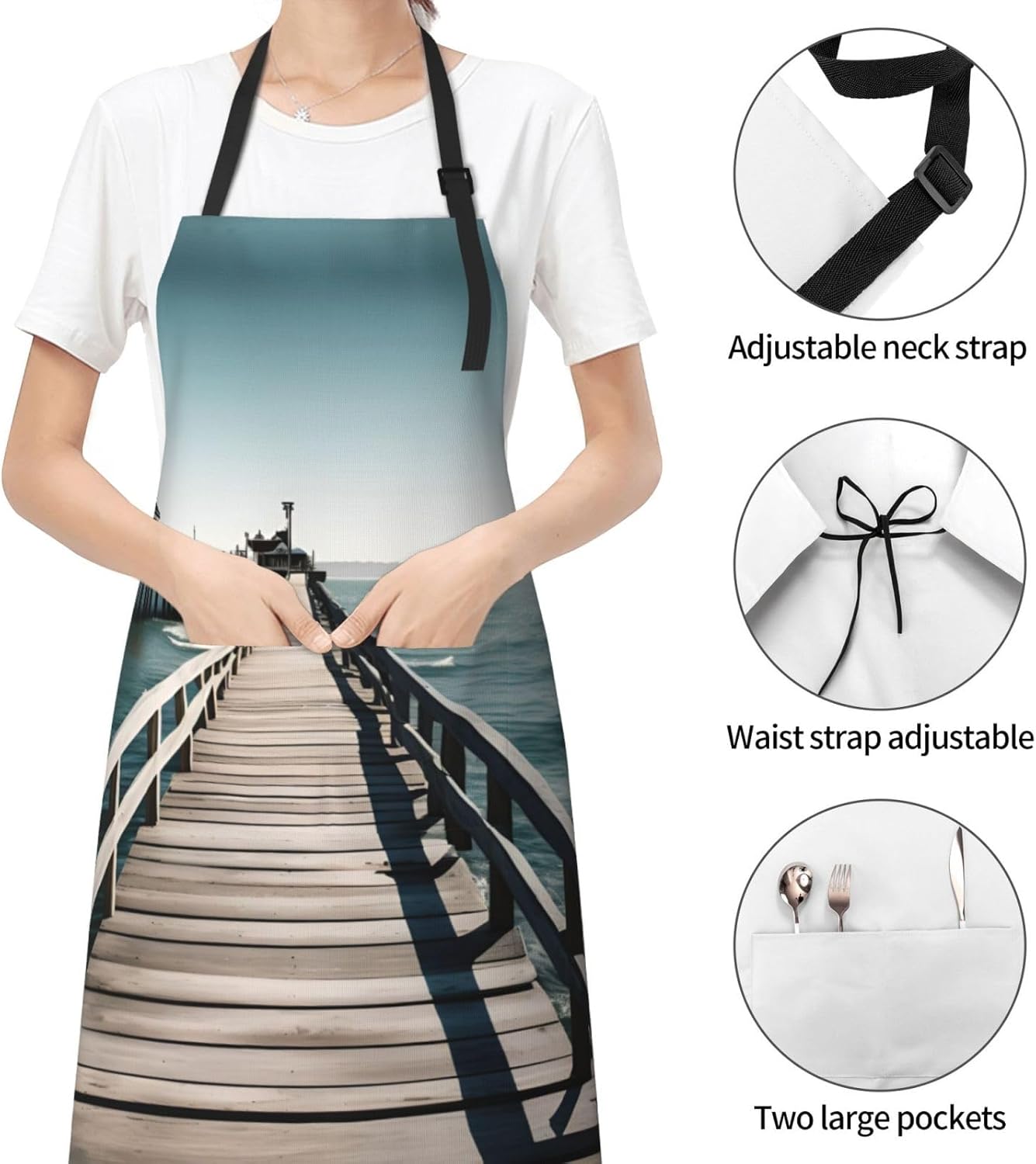 Coastal Pier print Waterproof chef's apron with pocket apron for kitchen cooking baking barbecue and gardening