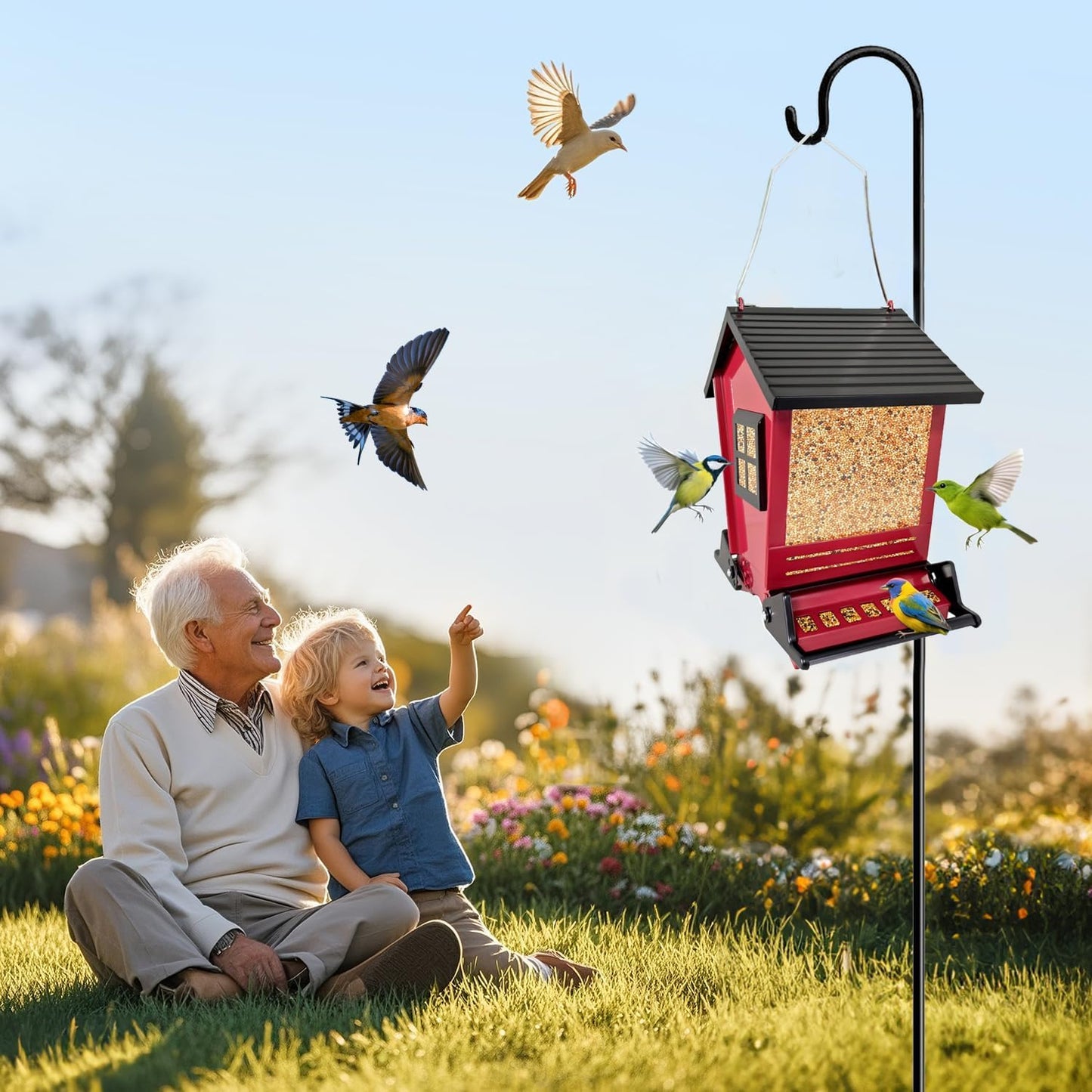 LSCQYYCCSquirrel Proof Bird Feeders for Outdoors Hanging, 5LB Capacity Metal Wild Birdfeeders Outside Hanging,Large Feeder That Attracts Cardinals, Chickadees, and More Birds-One in red