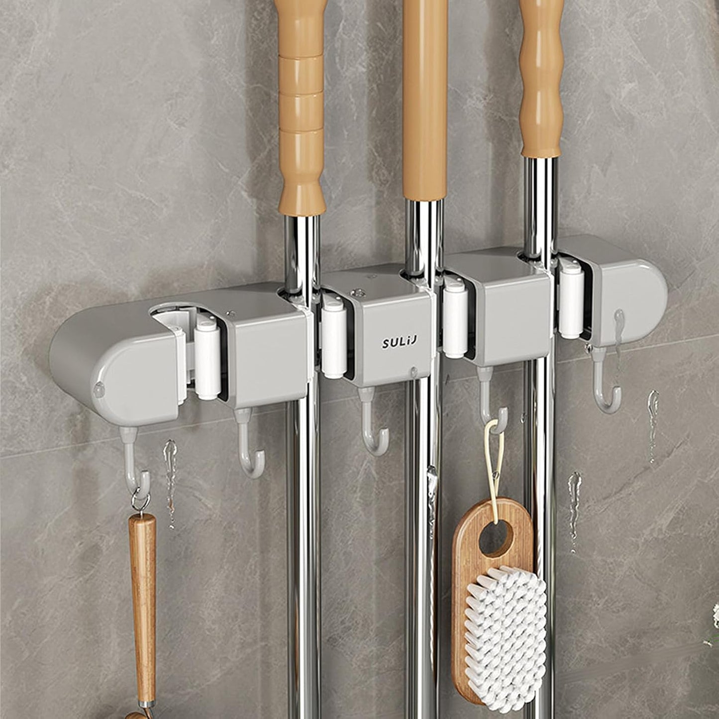 Mop and Broom Holder Wall Mount, 4 Racks and 5 Hooks Self Adhesive Garage Organizer Storage Tool Racks for Kitchen Garden Laundry (Grey)