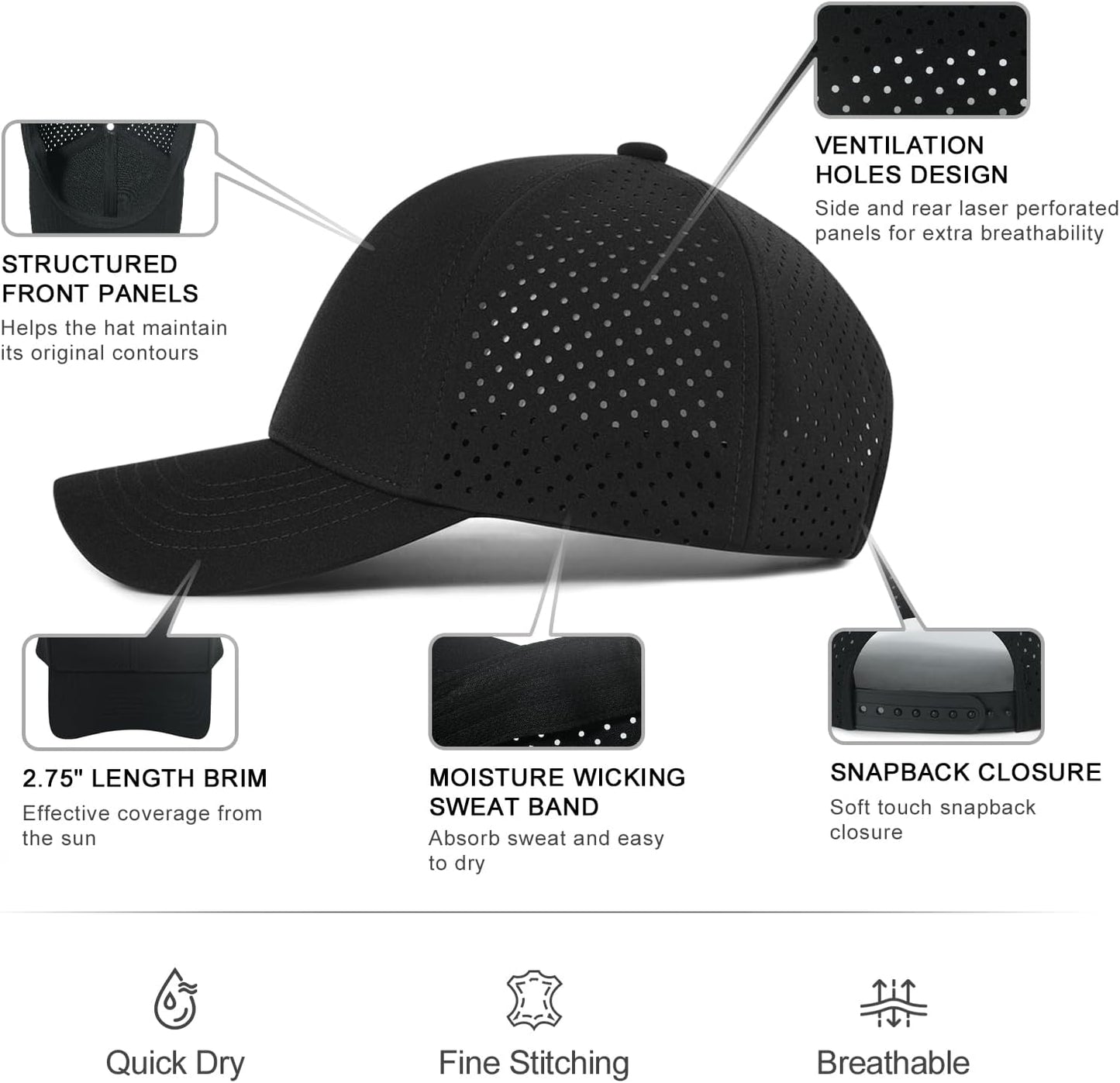 VOBOOM Men Quick Dry Baseball Cap Laser Cut Mesh Ball Curved Brim Snap