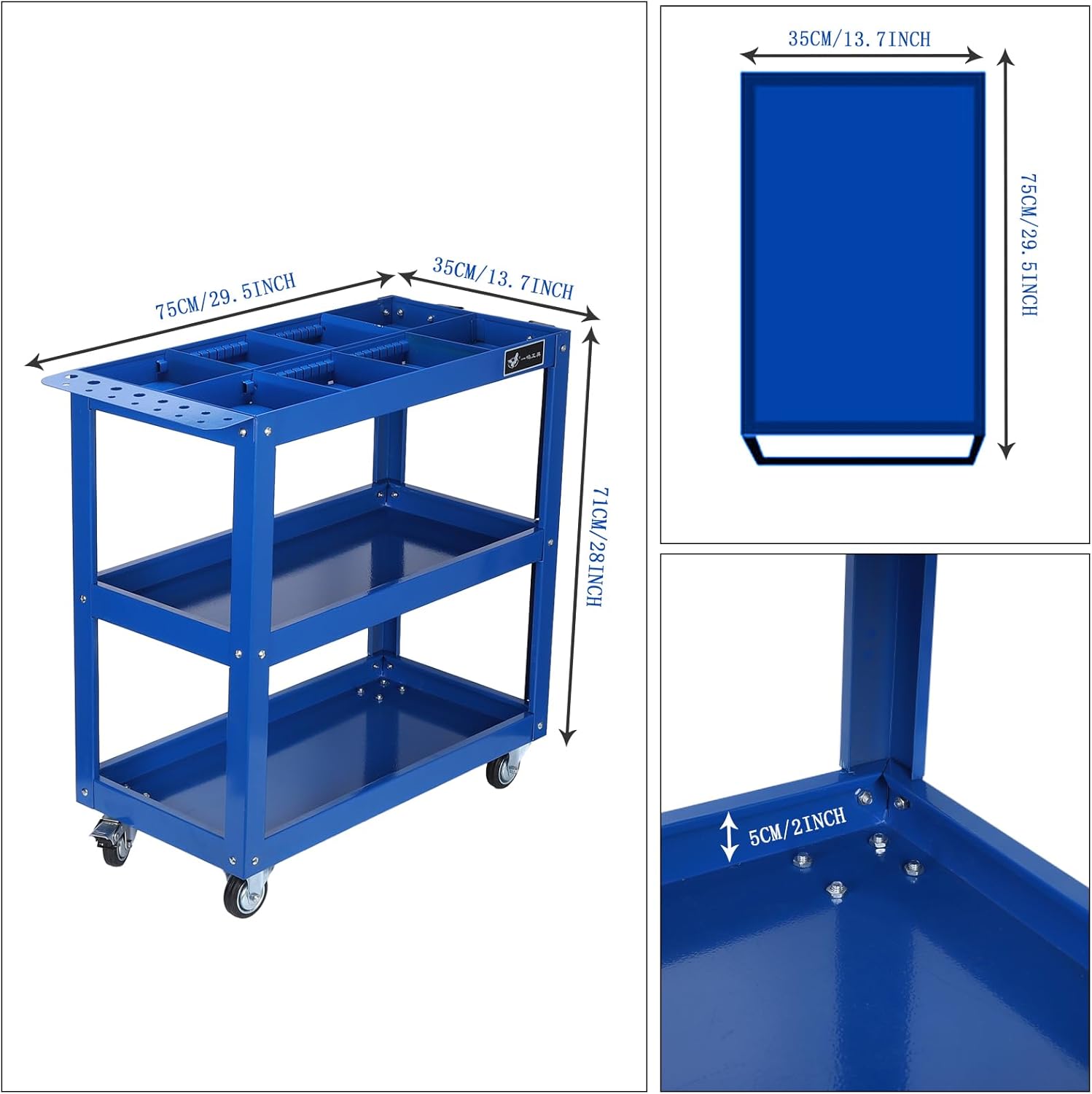 3 Tier Large Capacity Tool Cart, 330 lbs Tool Trolley with Adjustable 
