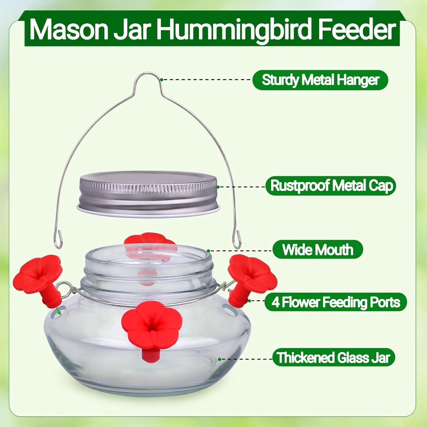 Glass Hummingbird Feeders for Outdoors Hanging, Cute Mason Jar Shape with 4 Silicone Flower Feeding Ports, Top Fill Leak Proof Easy to Clean and Refill, Humming Bird Feeder for Outside Garden