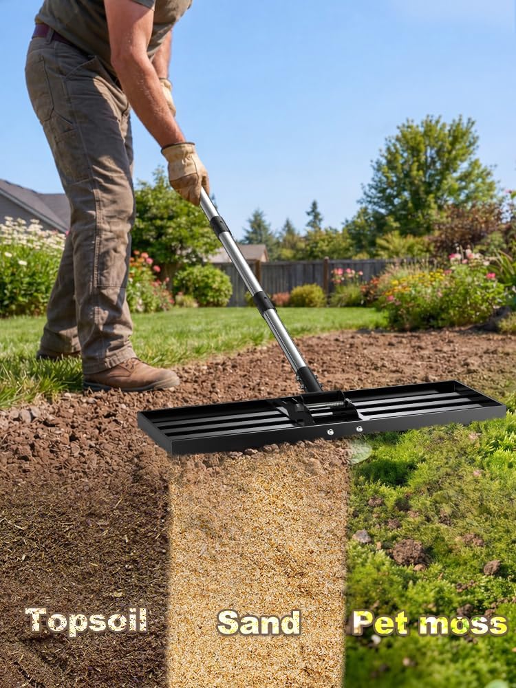 30x10 inch Lawn Leveling Rake, Yumatum 72" Effort Saving Lawn Leveler 