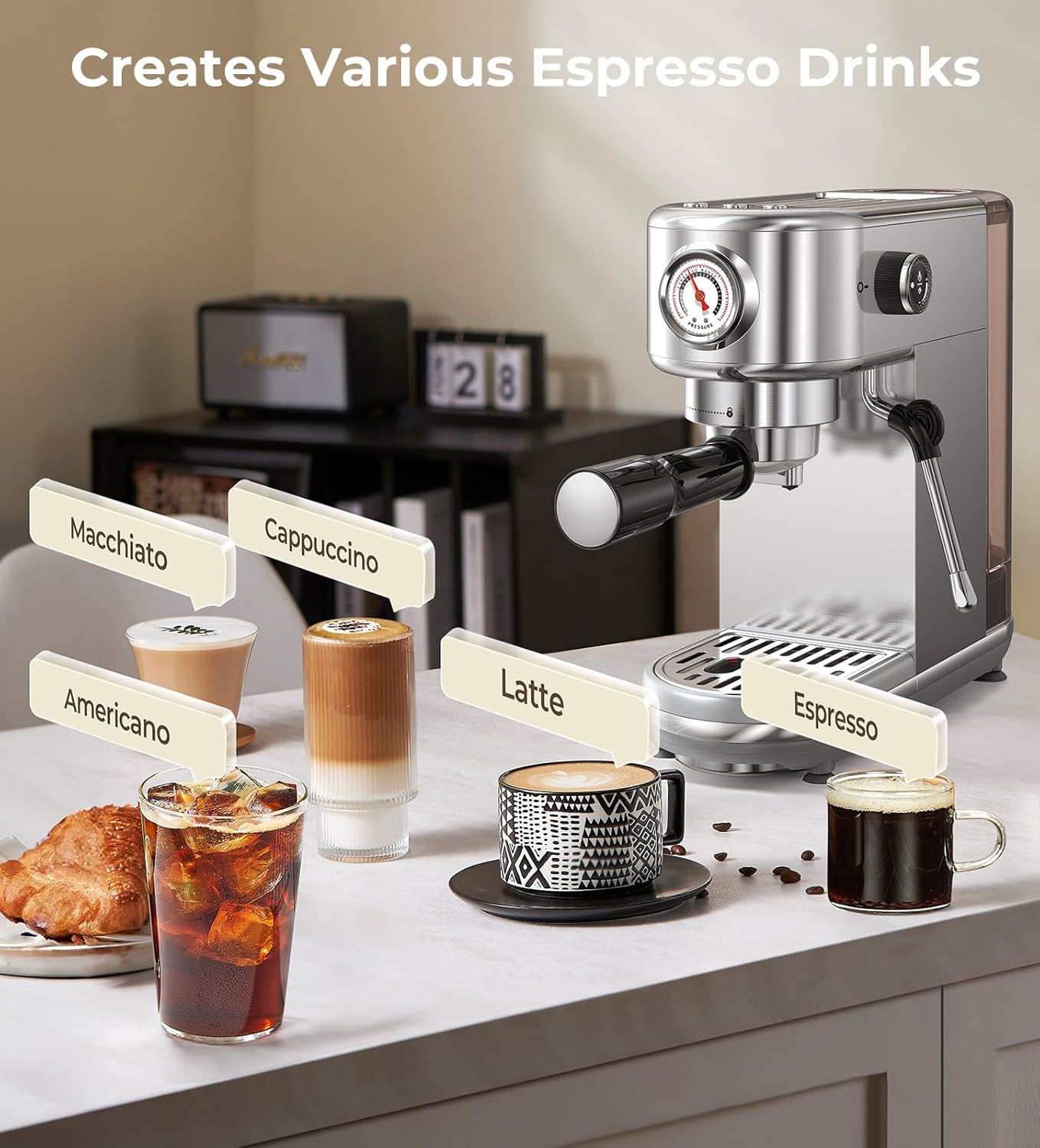 Espresso Machine with Milk Frother, 20 Bar Pressure Espresso Maker, with 44OZ Removable Tank, Compact Stainless Steel Coffee Machine for Home, Office, Latte, Cappuccino, Macchiato, Silver