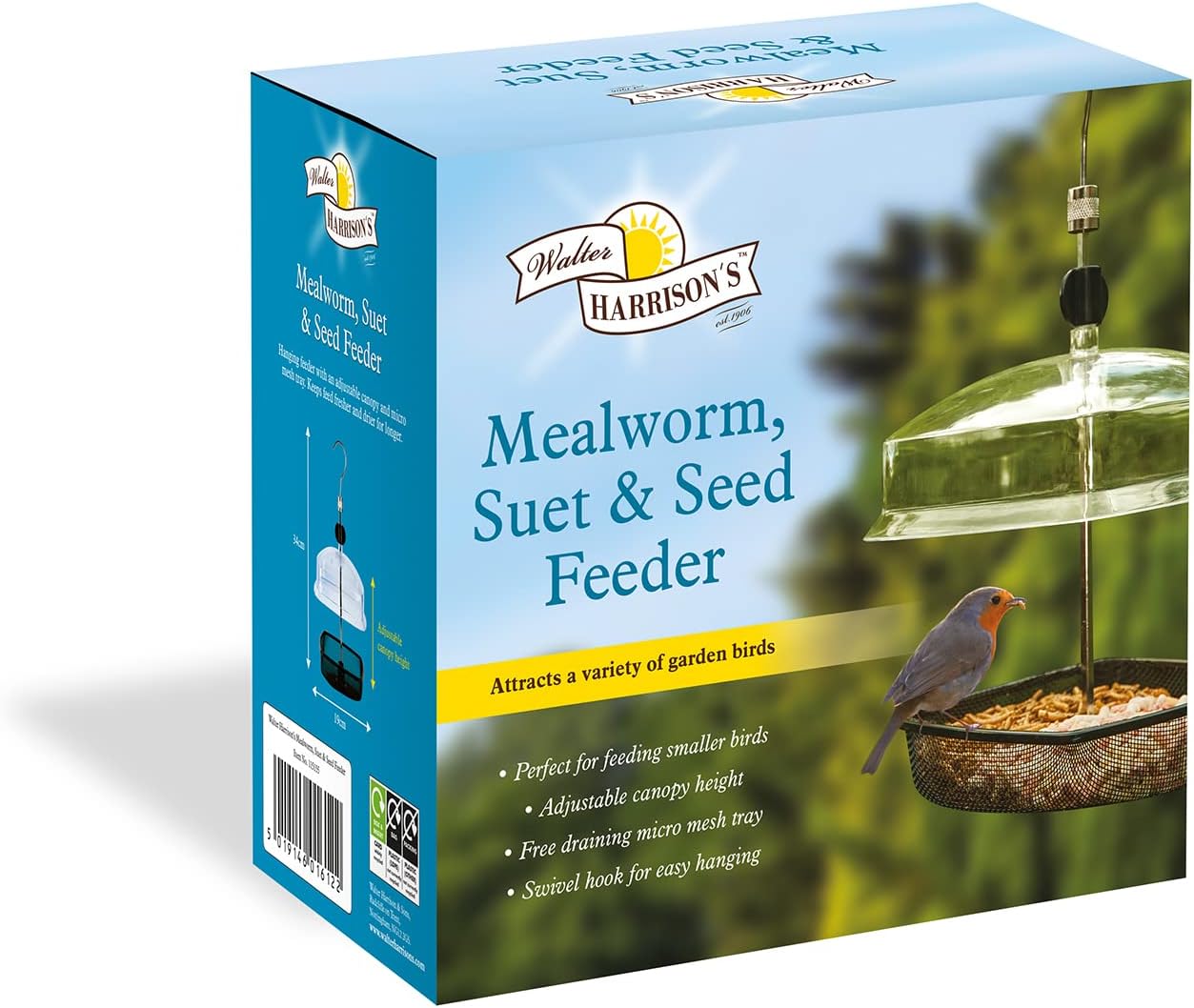 Walter Harrison's Hanging Mealworm, Suet and Seed Wild Bird Circular Perch Garden Feeder with Adjustable Canopy