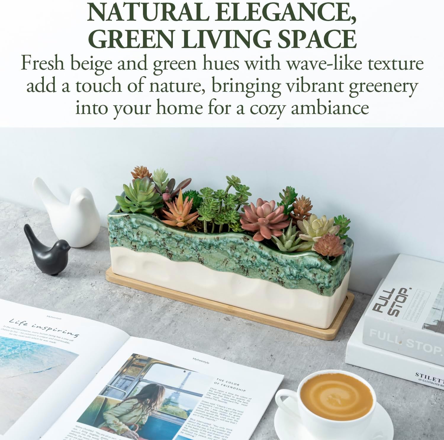 MyGift 13 Inch Large Rectangular Succulent Planter, Decorative Seafoam