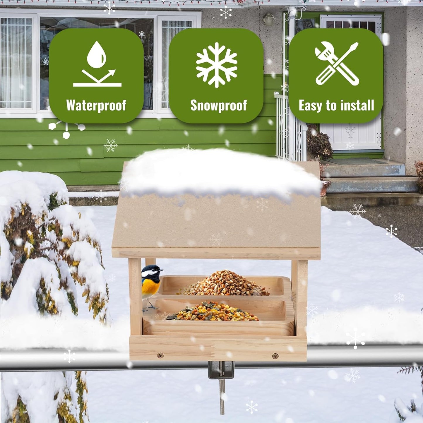Wooden Bird Feeder with 2 Trays Metal Bracket Railing Mount Balcony Birdfeeder Large Capacity Weatherproof Platform Wild Bird Feeding House for Cardinals Finches Garden Yard Decoration