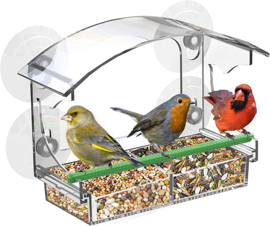 Clear Window Bird Feeder with 4 Strong Suction Cups, Removable Tray & Drain Holes – Ideal for Bird Watching with Cats – Great Gift for Family & Friends