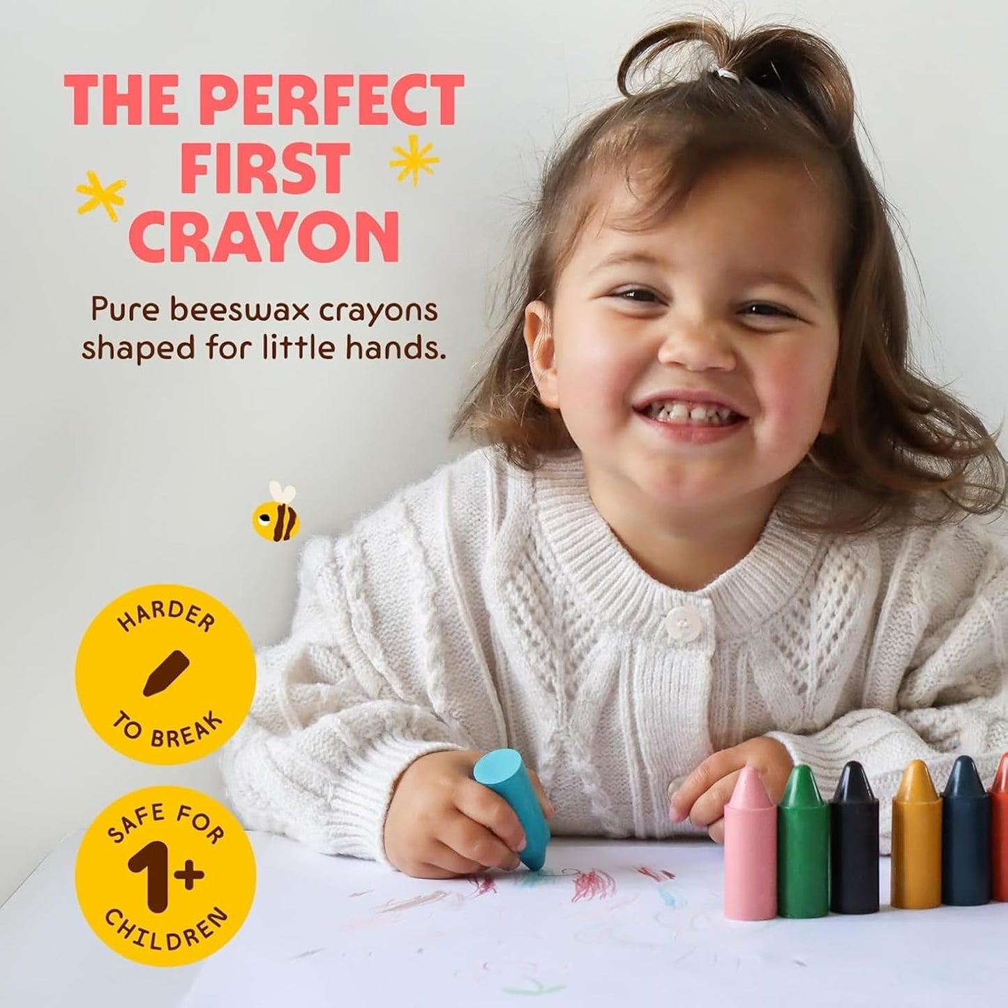Honeysticks 100% Pure Beeswax Crayons (12 Pack) - Non Toxic Crayons for Toddlers 1-3, Safe for Baby from 1 Year Old Plus, Handmade with Natural Beeswax and Food-Grade Colors, Eco Friendly