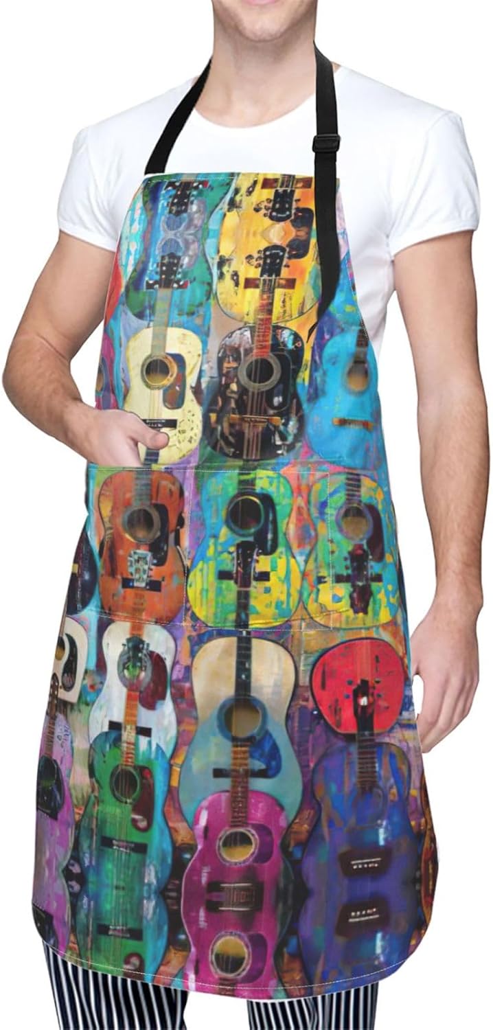 Color Acoustic and Guitars print Waterproof chef's apron with pocket a