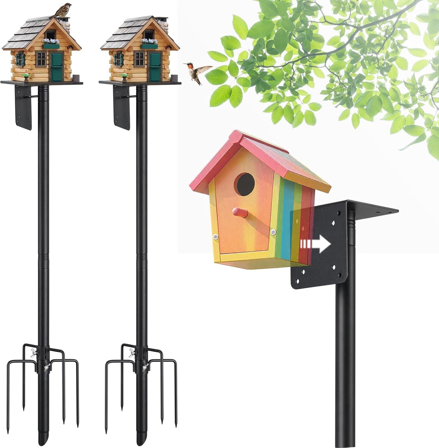 Bird Feeder Pole, 60 Inch Bird Feeder House Pole Stand for Outdoors Heavy Duty Outside Buddy Accessories with 5-Pronged Base, Matte Black, 2 Pack