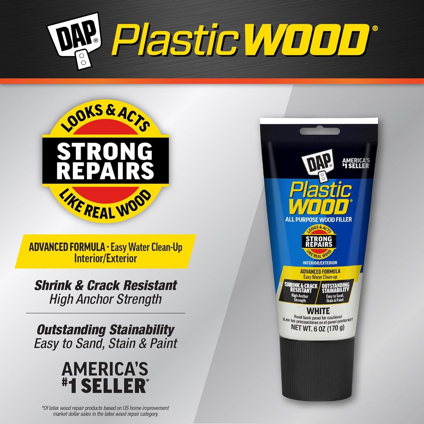 DAP Plastic Wood All Purpose Latex Wood Filler, White, 6 Oz - Packaging may vary