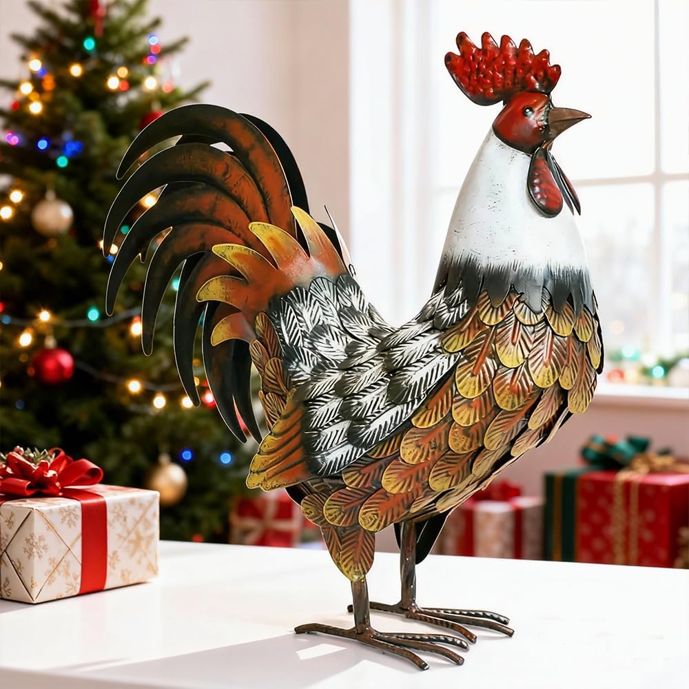Kircust Garden Rooster Statues & Sculpture, Metal Chicken Animal Yard Art Lawn Ornament Figurines Artwork for Outdoor, Patio,Backyard and Home Kitchen Decoration