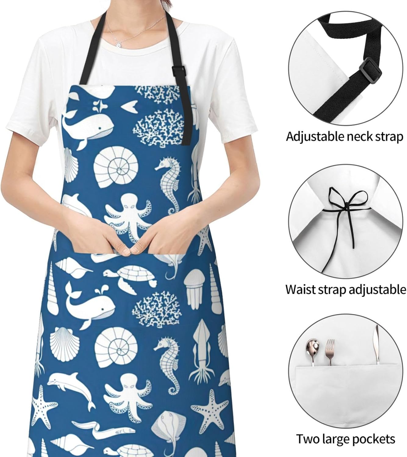 Underwater Marine Life Print Laundry apron 28x33 In Waterproof Kitchen Apron with Pockets for Cooking Baking
