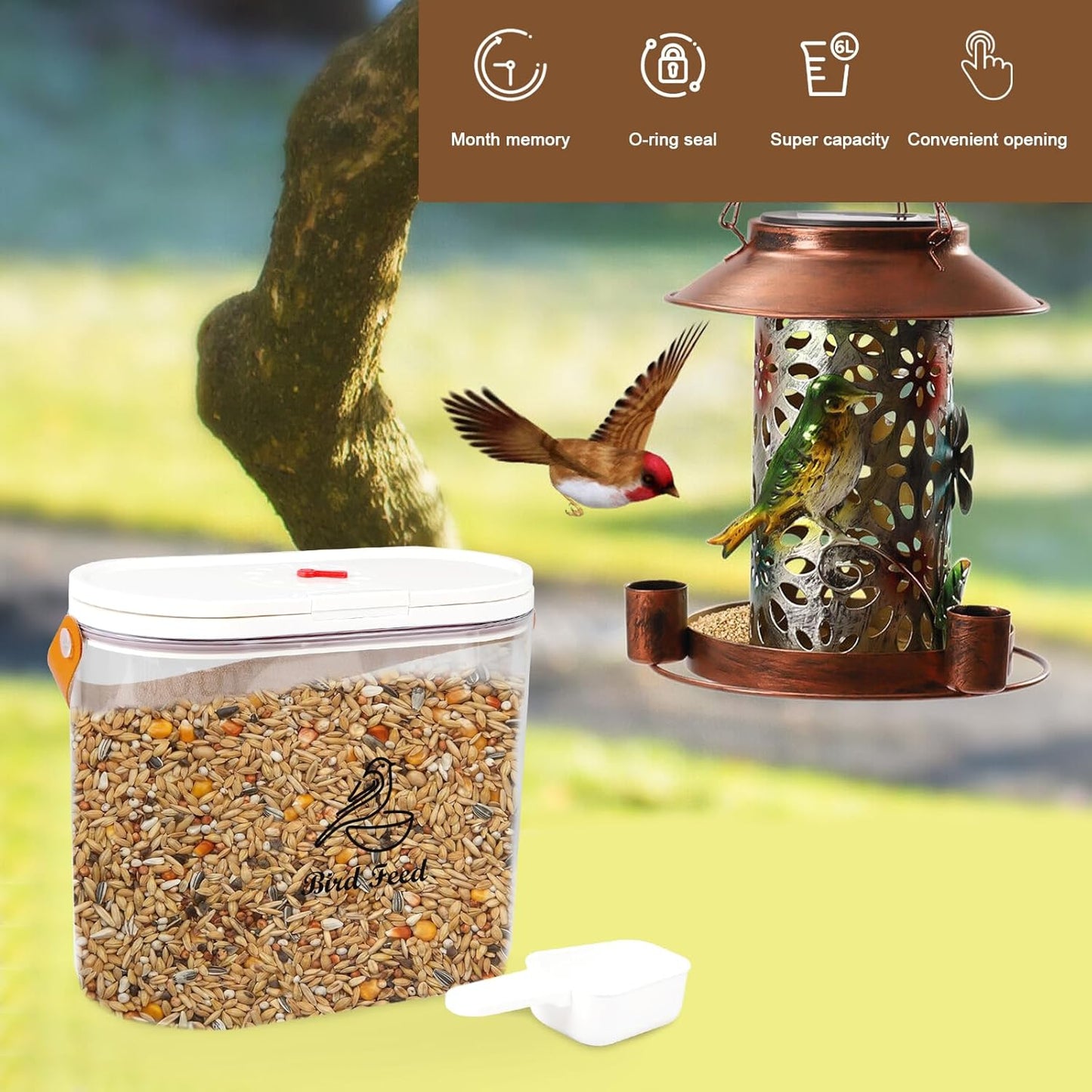 Outdoor Bird Seed Storage Container 7Lbs|Portable Bird Food Container with Handle|Clear Bird Seed Bin with Food Scoop|ideal for Wild Bird Seed,Sunflower seed|Clear Plastic-BPA Free