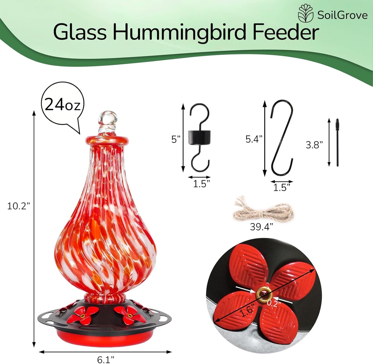 Glass Hummingbird Feeder,24oz Red Hand Blown Humming Bird Feeders for Outdoors Hanging with 5 Feeding Ports & Ant Moat,Unique Gifts for Women Men,Hanging Garden Decor