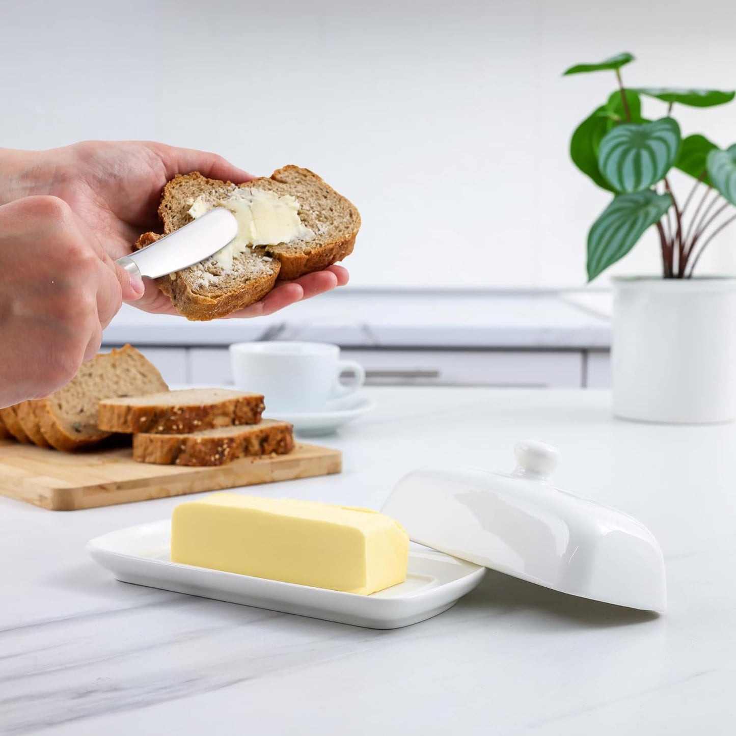Zulay Kitchen Ceramic Butter Dish with Lid For Countertop & Stainless Steel Knife – Keeps Butter Soft & Fresh – White Butter Dish with Easy-Grip Knob, Durable & Everyday Butter Holder for Home - White