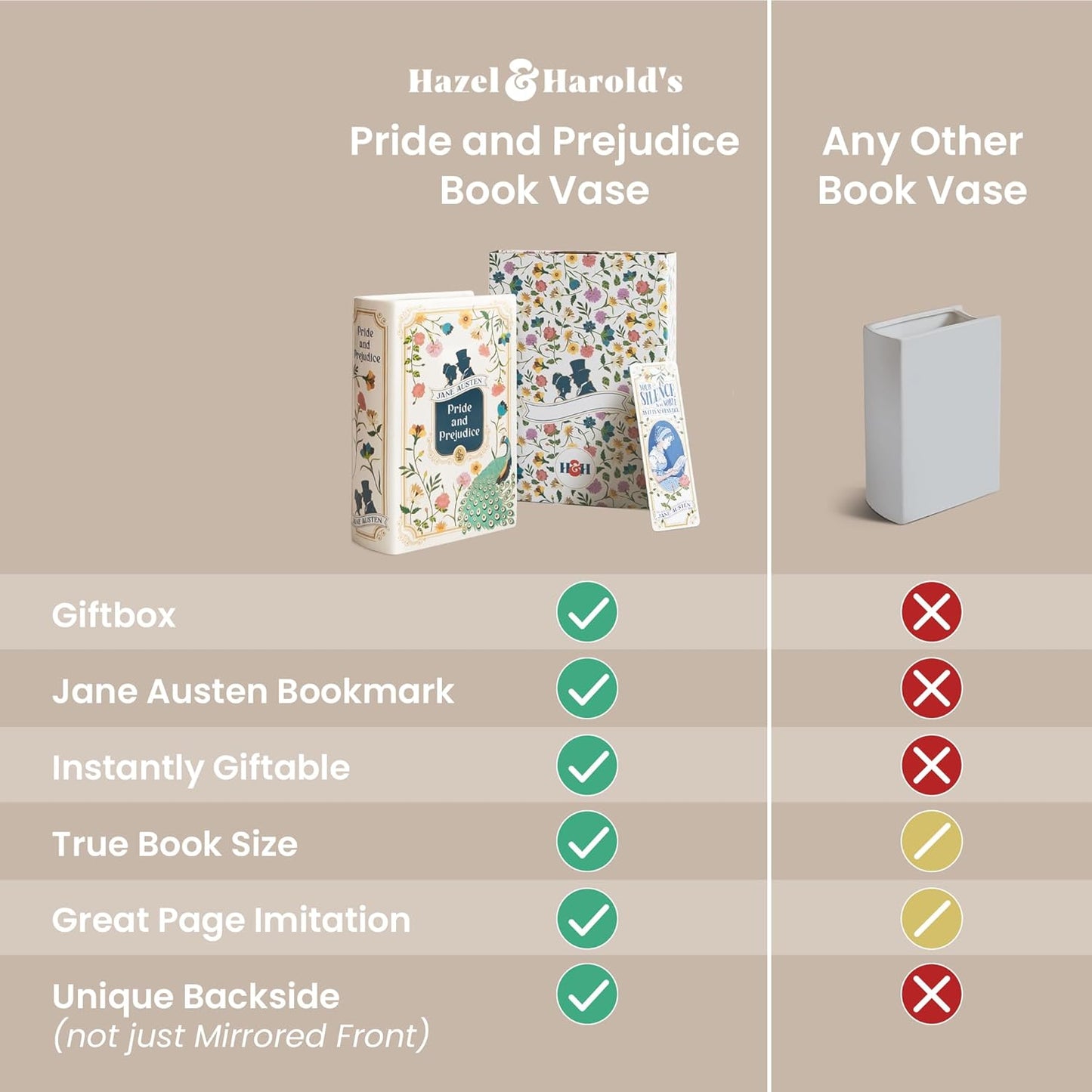 H&H Pride and Prejudice Book Vase for Flowers + Bookmark - Large Ceramic Book Planter Pot - Jane Austen Bookish Decor - Pride and Prejudice Gifts - Bookshelf Vase for Flowers - 2025 Edition